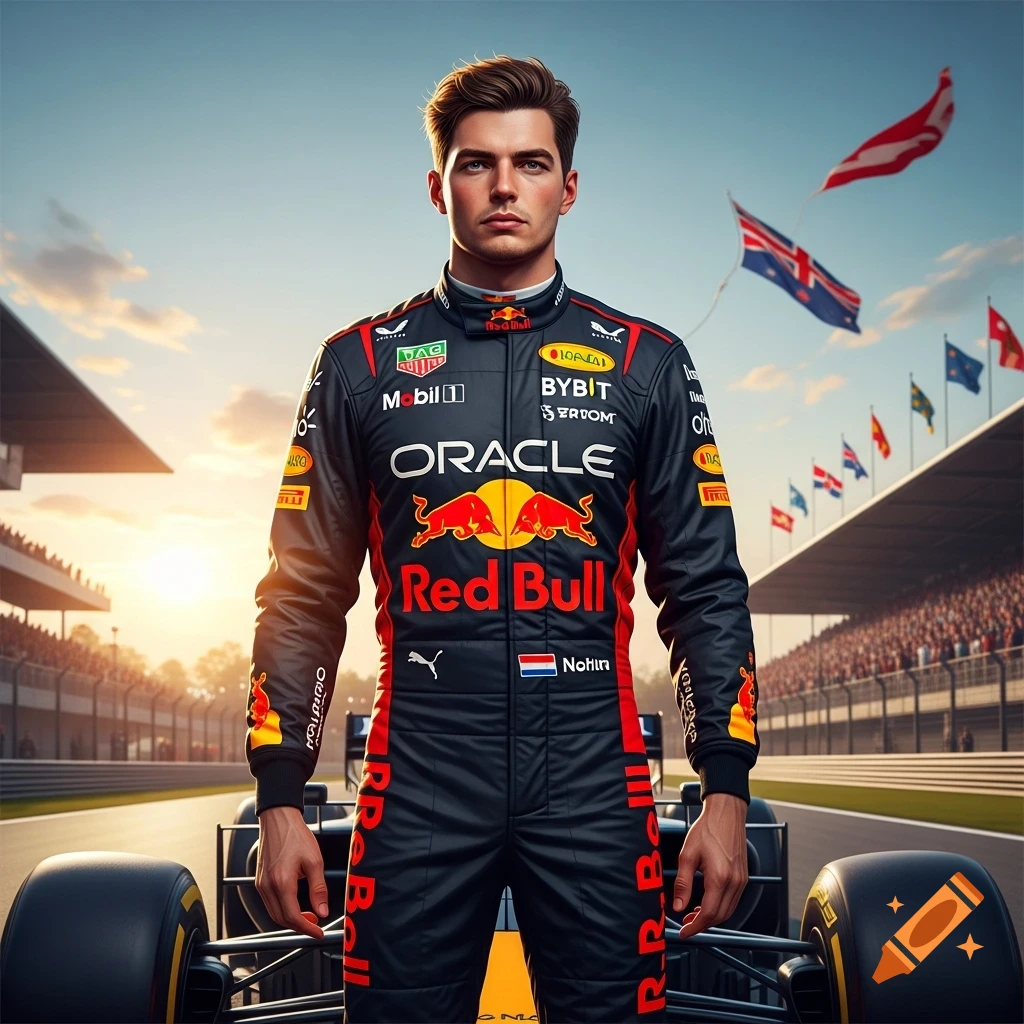 A photorealistic portrait of a young white male F1 driver in a black and red racing suit, standing in front of his car on a track, with stadium seating and flags in the background under a sunset sky.
