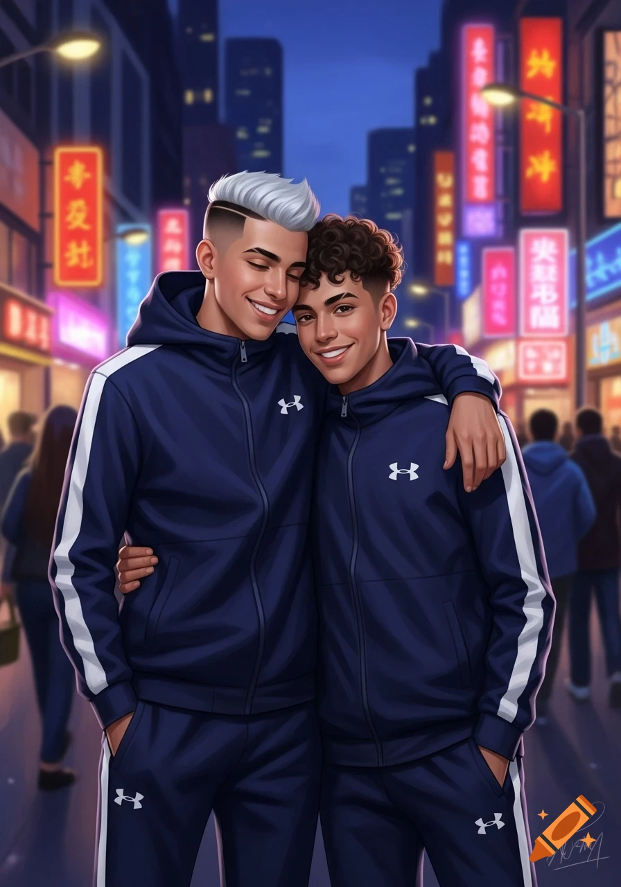 An anime-style illustration of two young men embracing in a vibrant city street at night, with neon signs in the background. They both wear dark blue tracksuits with white stripes and Under Armour logos. One man has white hair, the other has curly brown hair.