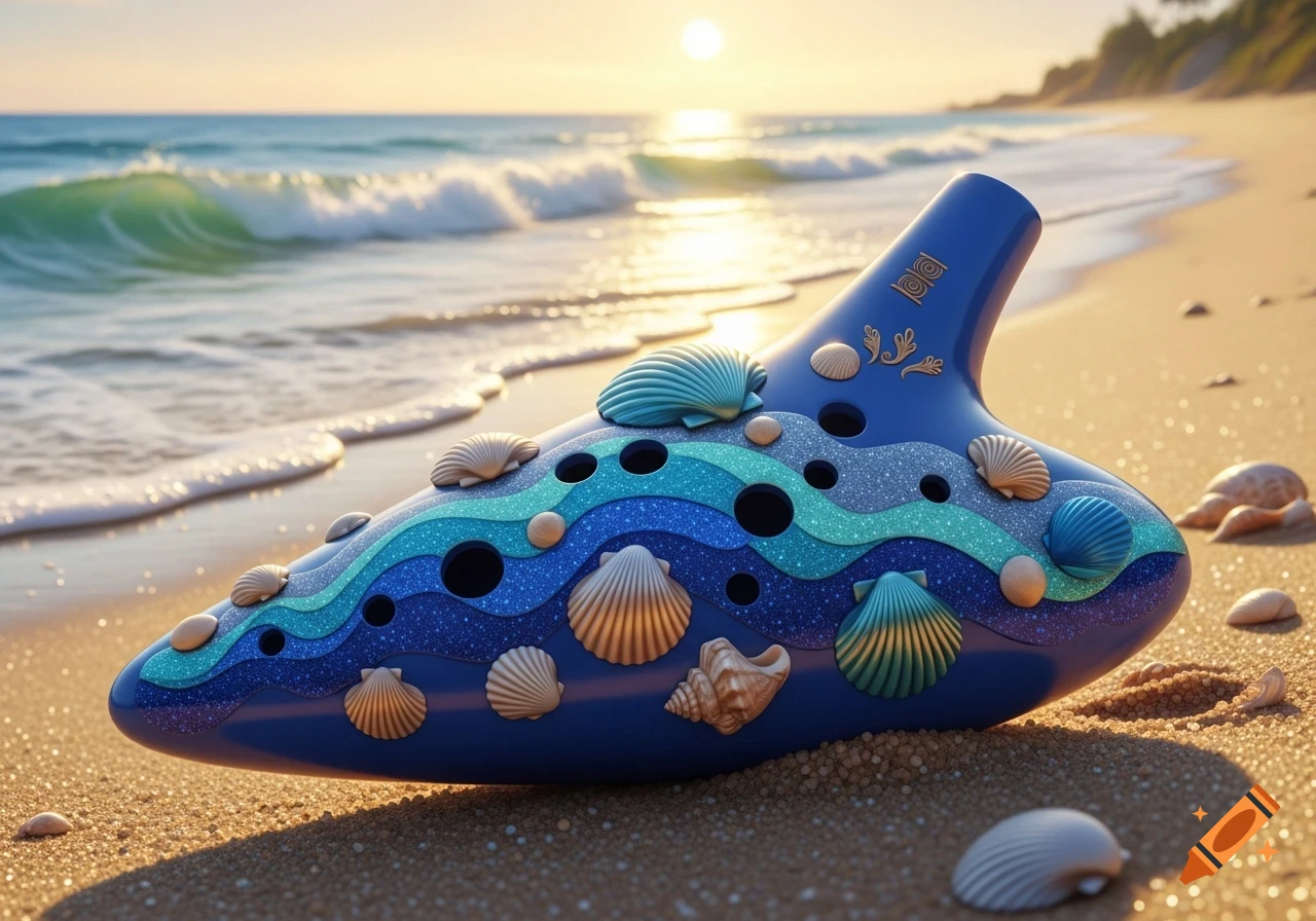 A blue ocarina decorated with seashells and wavy patterns lies on a sandy beach with ocean waves and a sunset behind it.