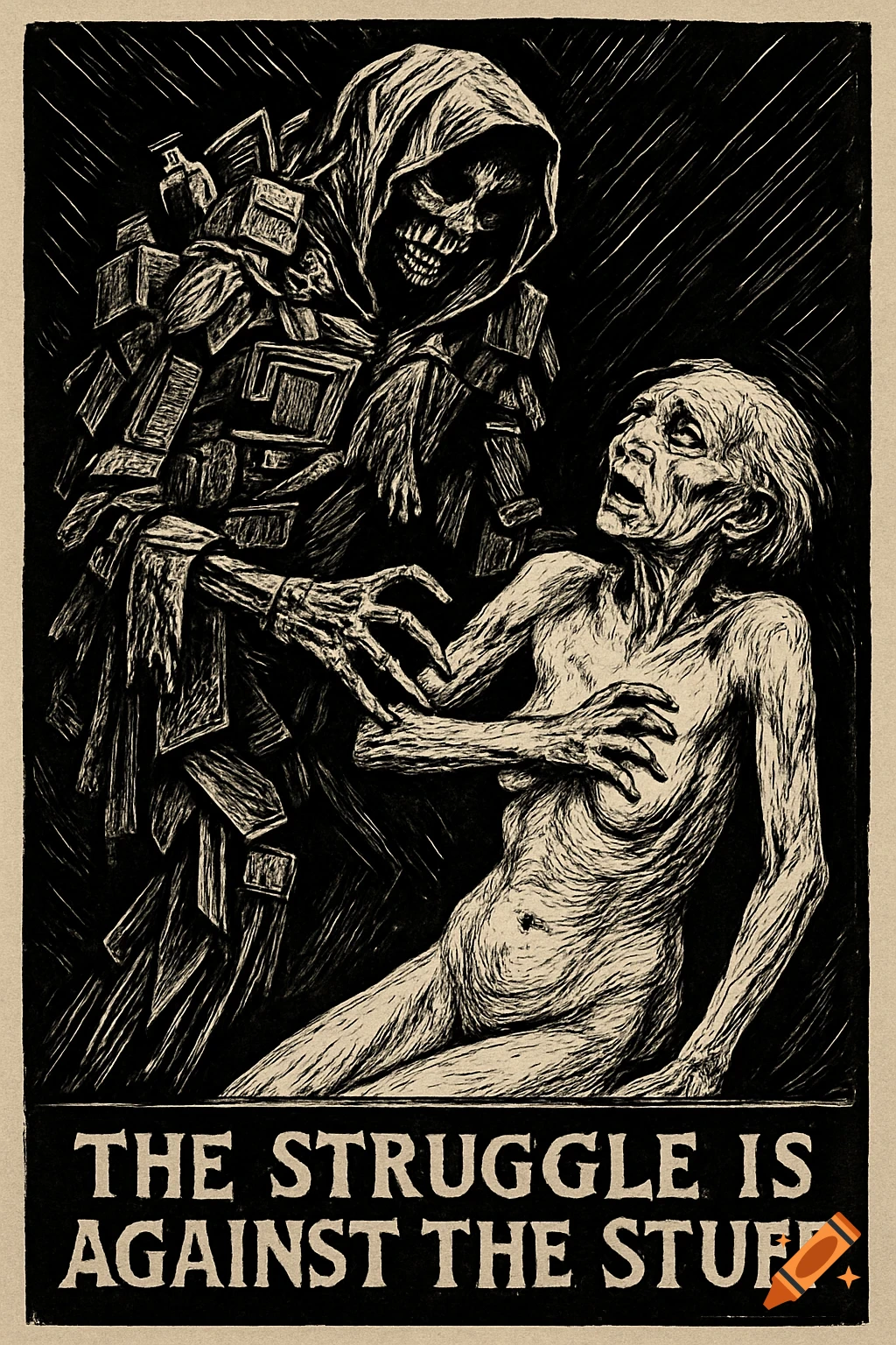 A woodcut image depicting a hooded, skeletal figure made of objects looming over a fearful, emaciated elderly woman. Text reads: THE STRUGGLE IS AGAINST THE STUFF.