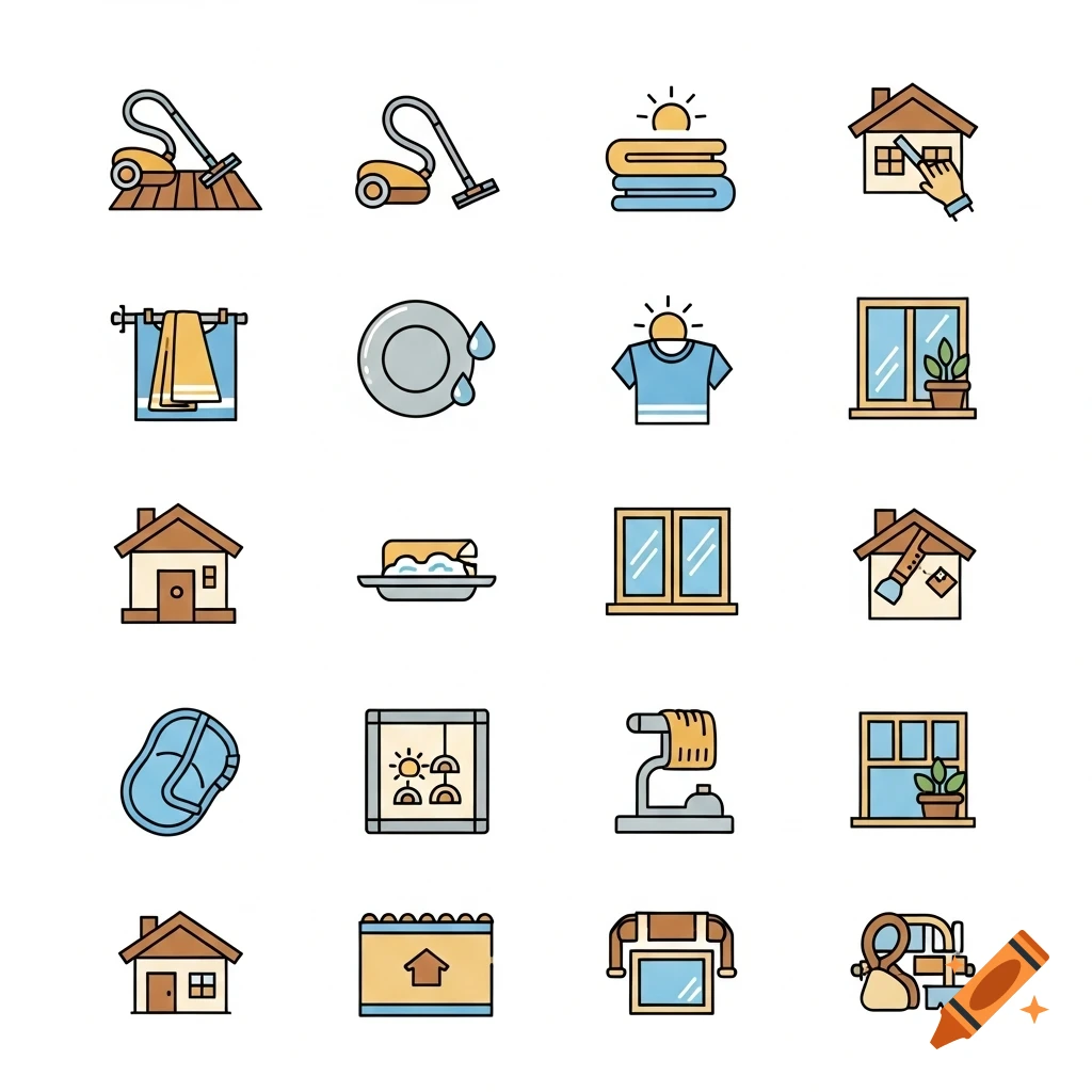 A grid of 16 colorful line art icons depicting various household chores and items, such as sweeping, vacuuming, laundry, and cleaning windows.