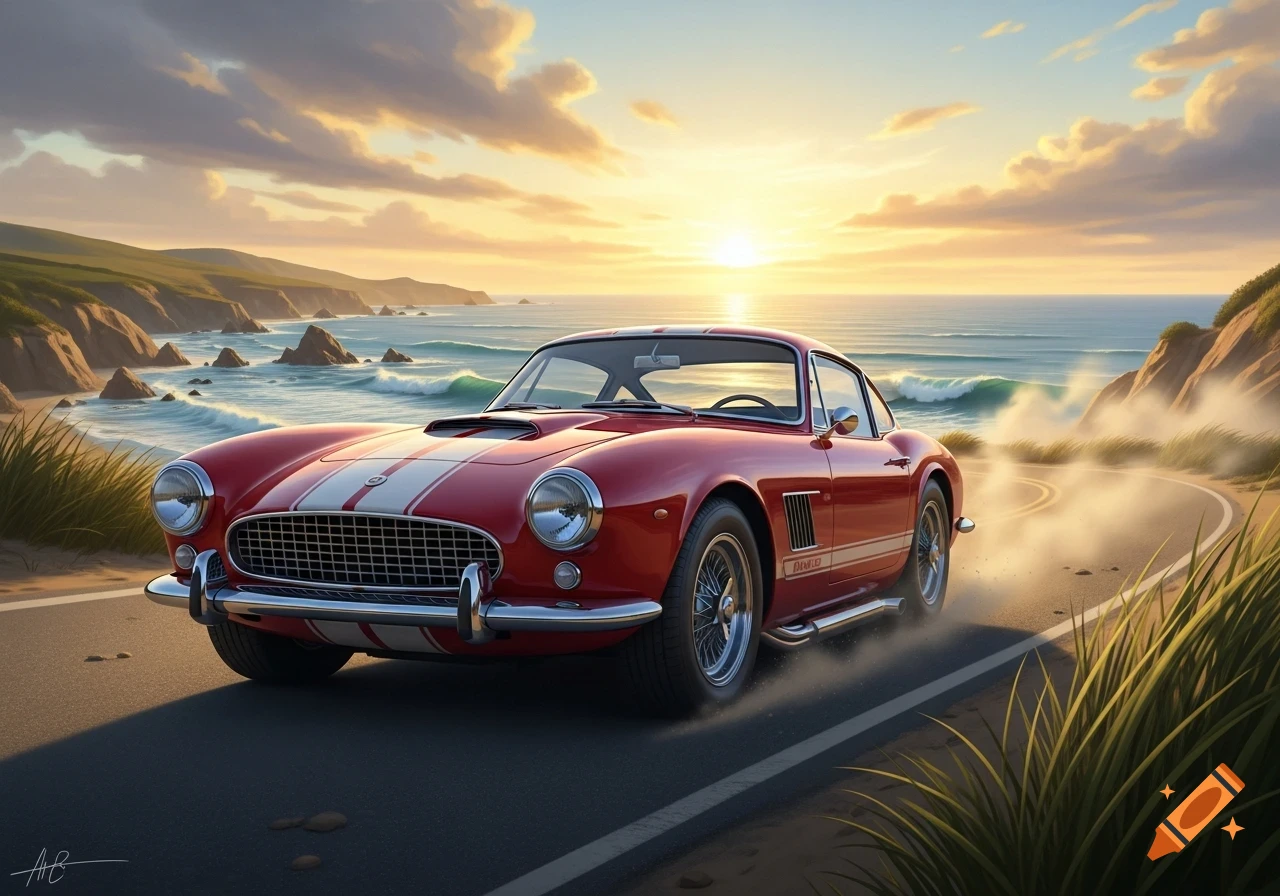 A red classic sports car with white stripes drives on a coastal road during sunset, with waves crashing on the shore.