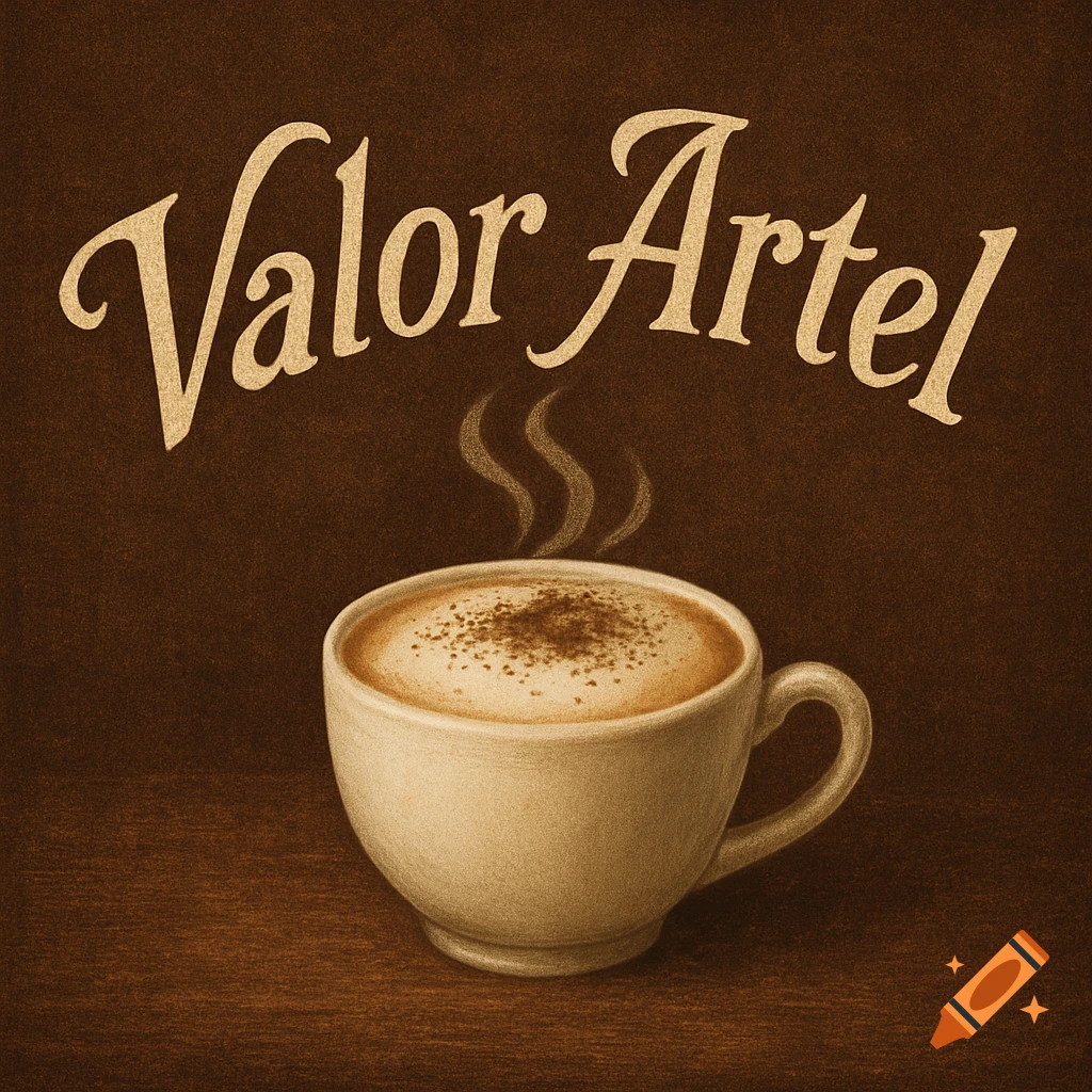 Stylized illustration of a steaming coffee cup with 'Valor Artel' text above, on a textured brown background.