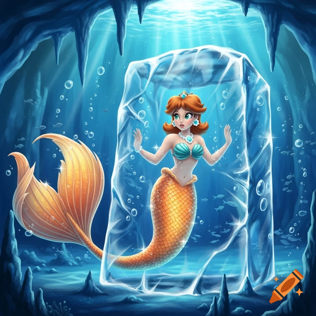 Illustrated Princess Daisy mermaid with an orange tail and teal bra, frozen in an ice block inside an underwater ice cave.