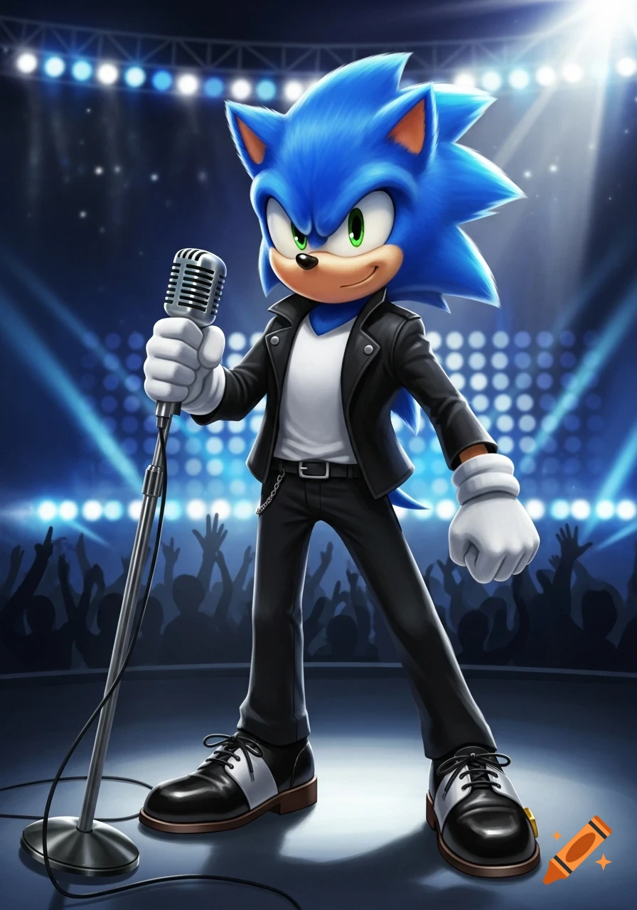 Sonic the Hedgehog singing into a microphone on a stage with blue spotlights and a cheering crowd.