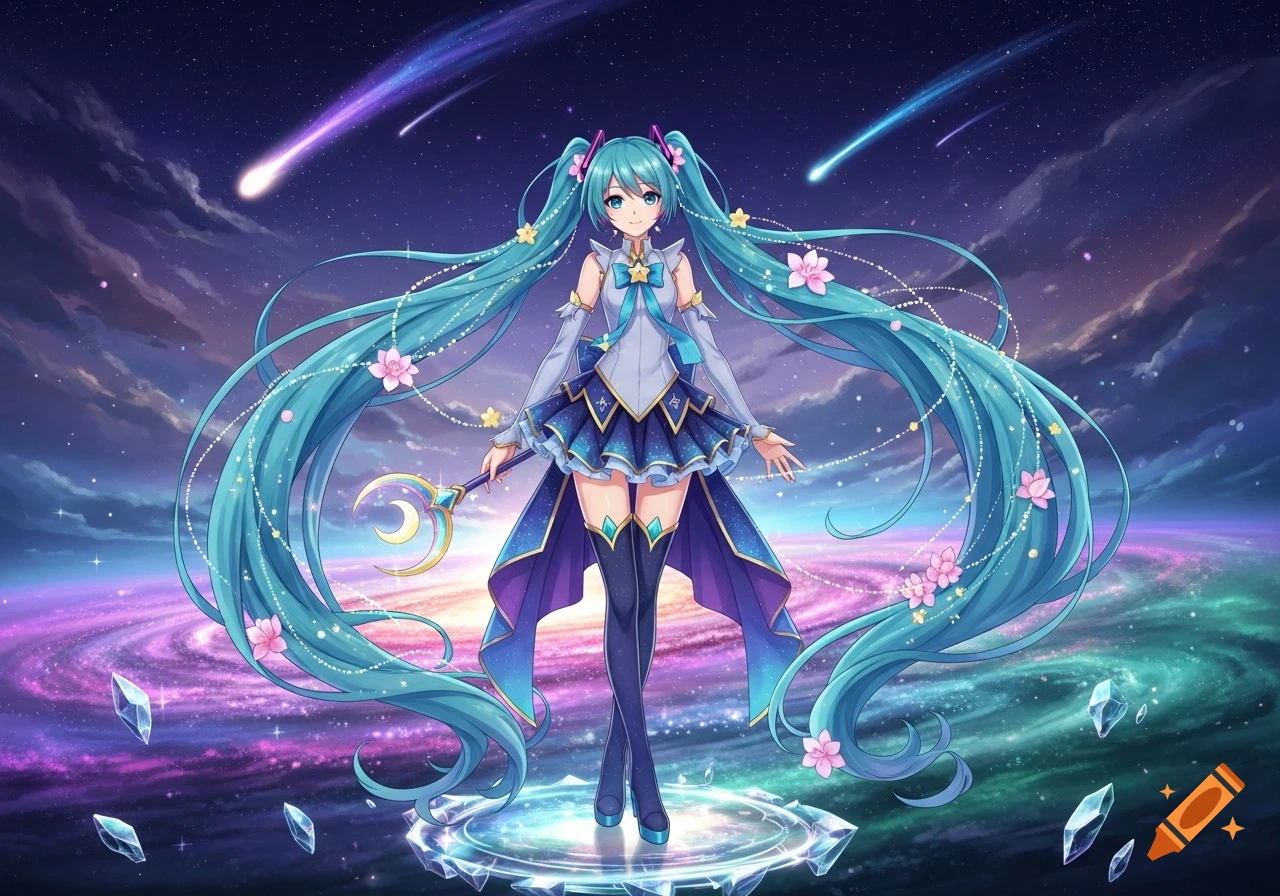 Anime magical girl with long turquoise pigtails and a starry outfit, standing on a crystal platform in a vibrant galaxy with shooting stars.