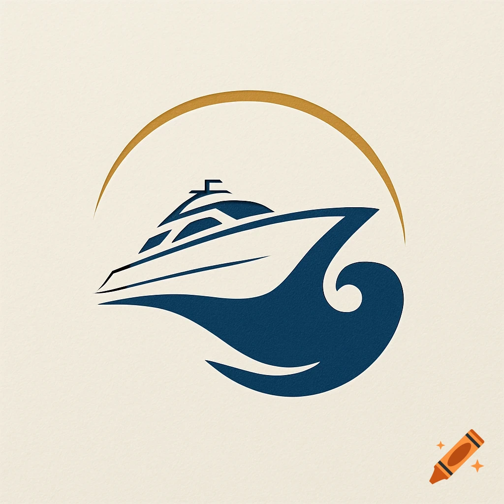 Minimalist logo of a white yacht hull on a dark blue wave with a golden arc above, on a cream background.