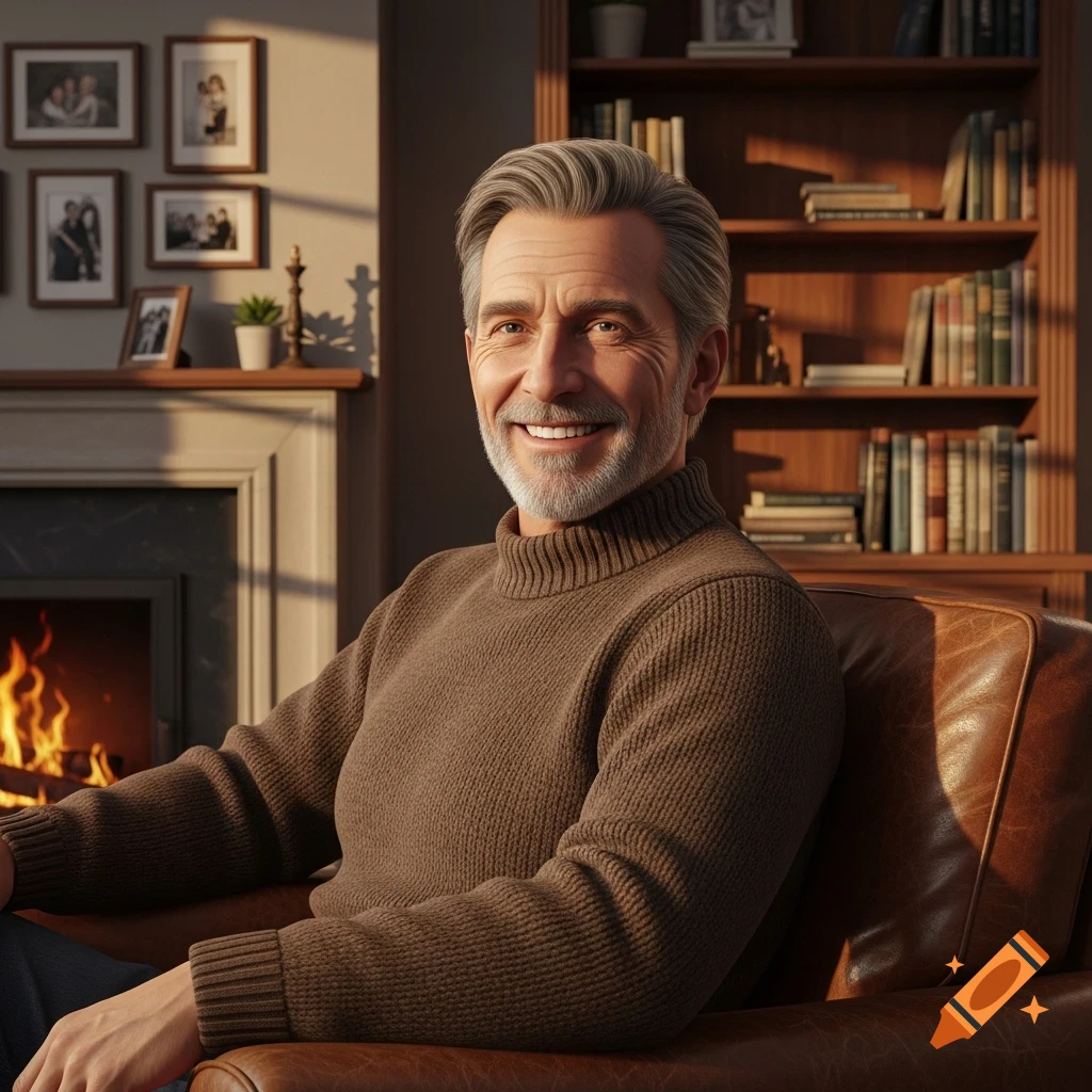 Smiling gray-haired man in a brown turtleneck sits in a cozy living room with a fireplace and bookshelf, photorealistic style.