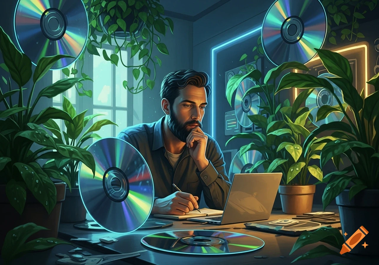 A bearded man works on a laptop in a room filled with glowing CDs and green plants, bathed in neon light.