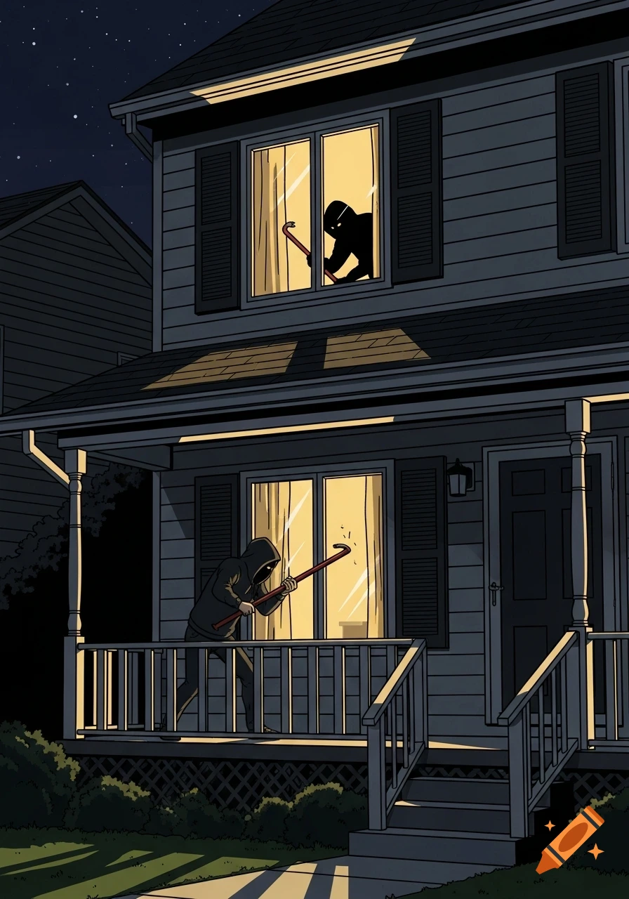 Two hooded figures pry open windows of a suburban house with crowbars at night, in a graphic novel style illustration.