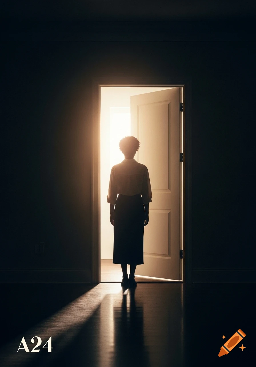 A person silhouetted, standing in a dark room facing a bright, open door with light pouring in, with the A24 logo in the corner.