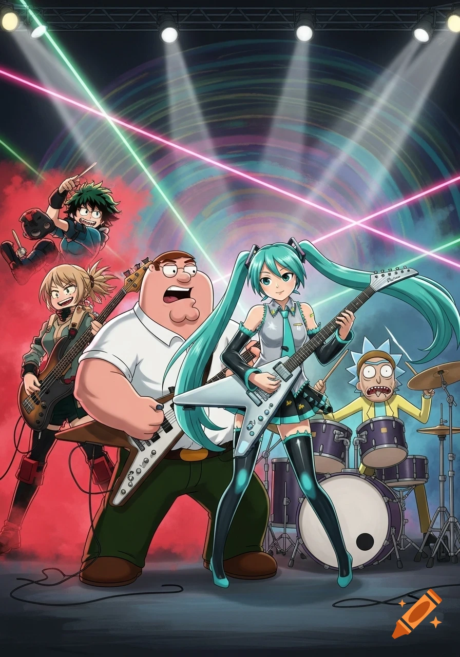 Peter Griffin, Hatsune Miku, Himiko Toga, and Morty Smith performing as a band on a brightly lit stage.