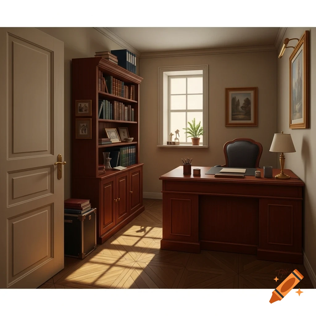 A well-furnished traditional office with a wooden desk, chair, and a large bookcase, illuminated by sunlight from a window.