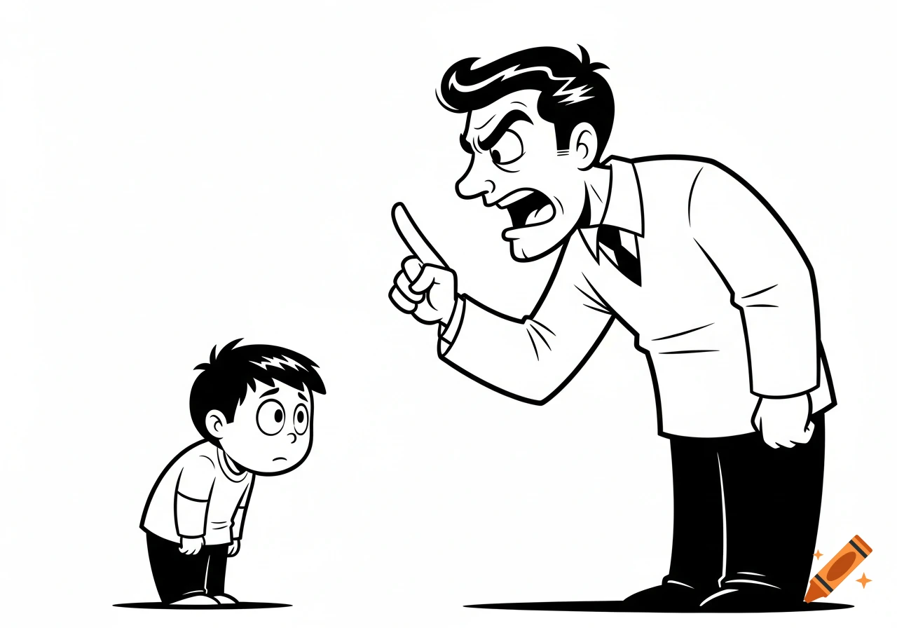Black and white cartoon of an angry adult with a raised finger scolding a shy child.