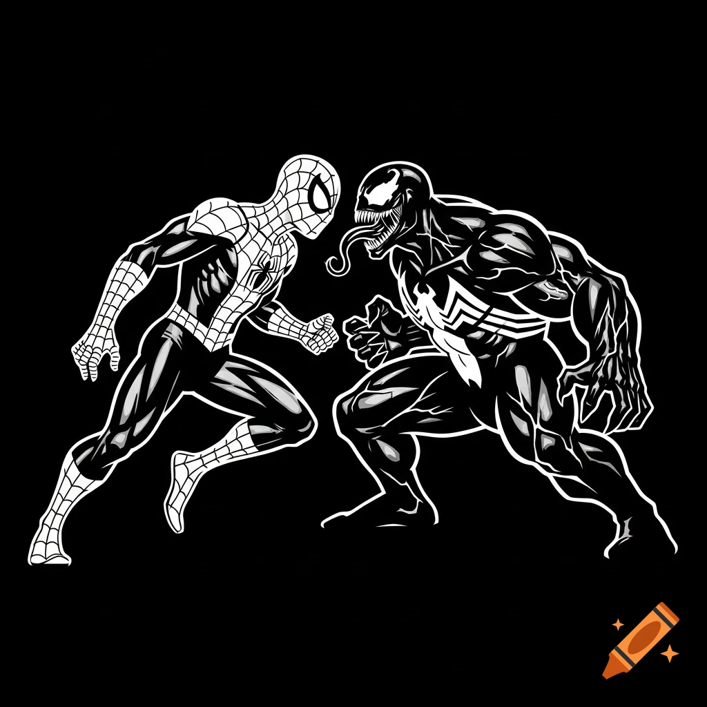 White on black stencil silhouette of Spider-Man facing Venom, in a comic book art style.