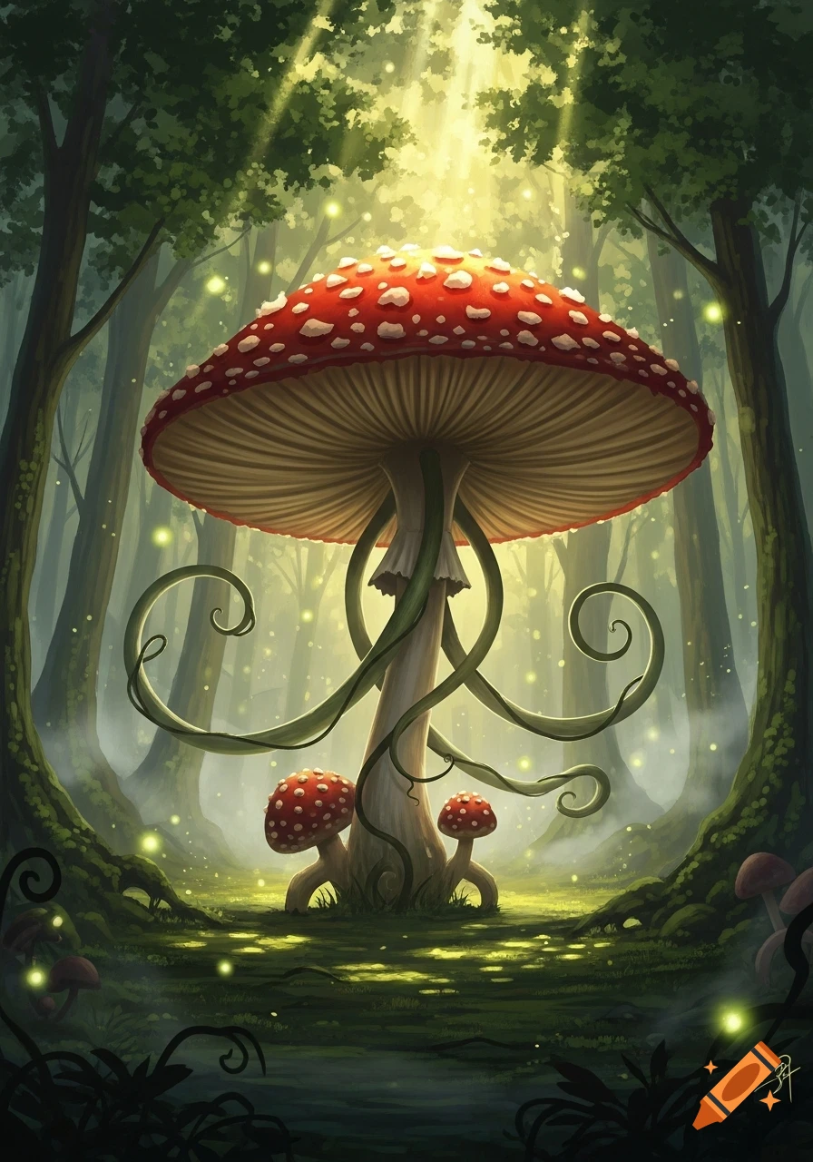 A large, red and white spotted mushroom with twisting tendrils stands in an enchanted, sunlit forest with glowing fireflies, fantasy illustration.