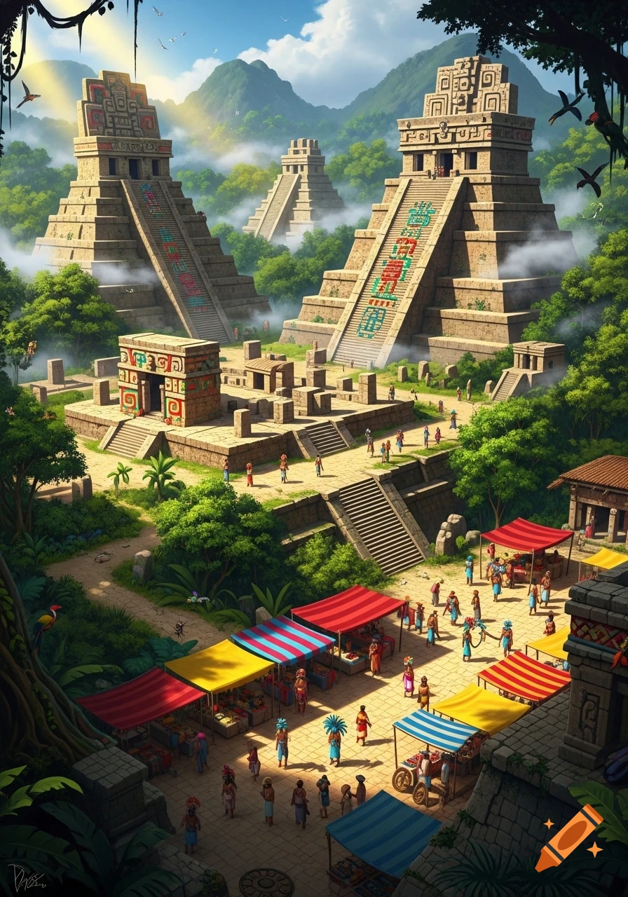 A bustling ancient Mayan city market scene with step pyramids, dense jungle foliage, and numerous people in traditional attire under colorful awnings.