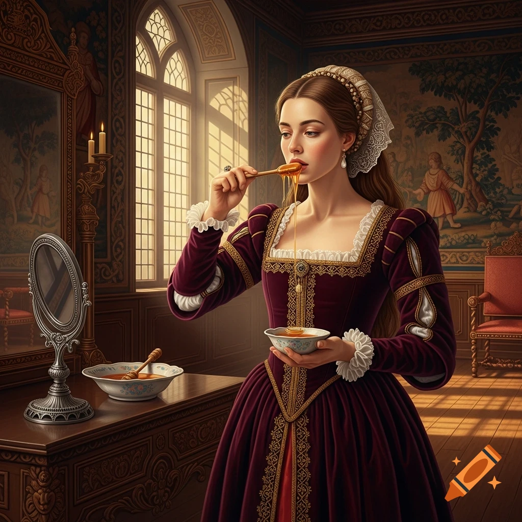 A photorealistic depiction of a 16th-century woman in a rich gown, delicately eating honey with a spoon in an opulent room.