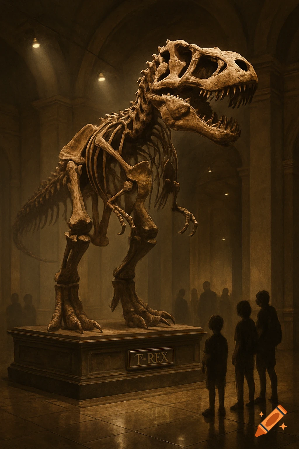 A large T-Rex skeleton on display in a dimly lit museum, with several people observing it from below.