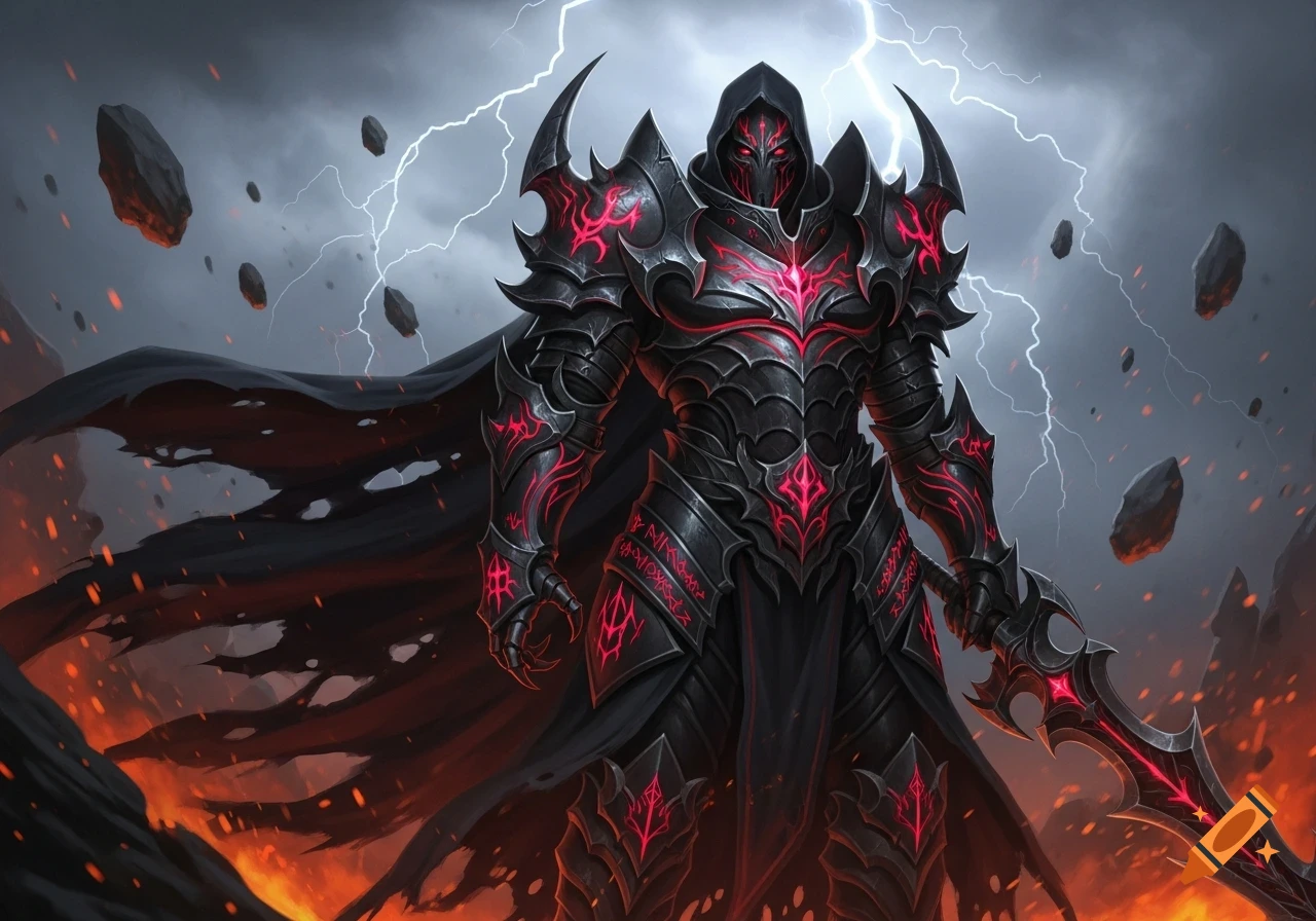A dark fantasy armored knight with glowing red accents stands amidst fire and lightning, holding a large sword.