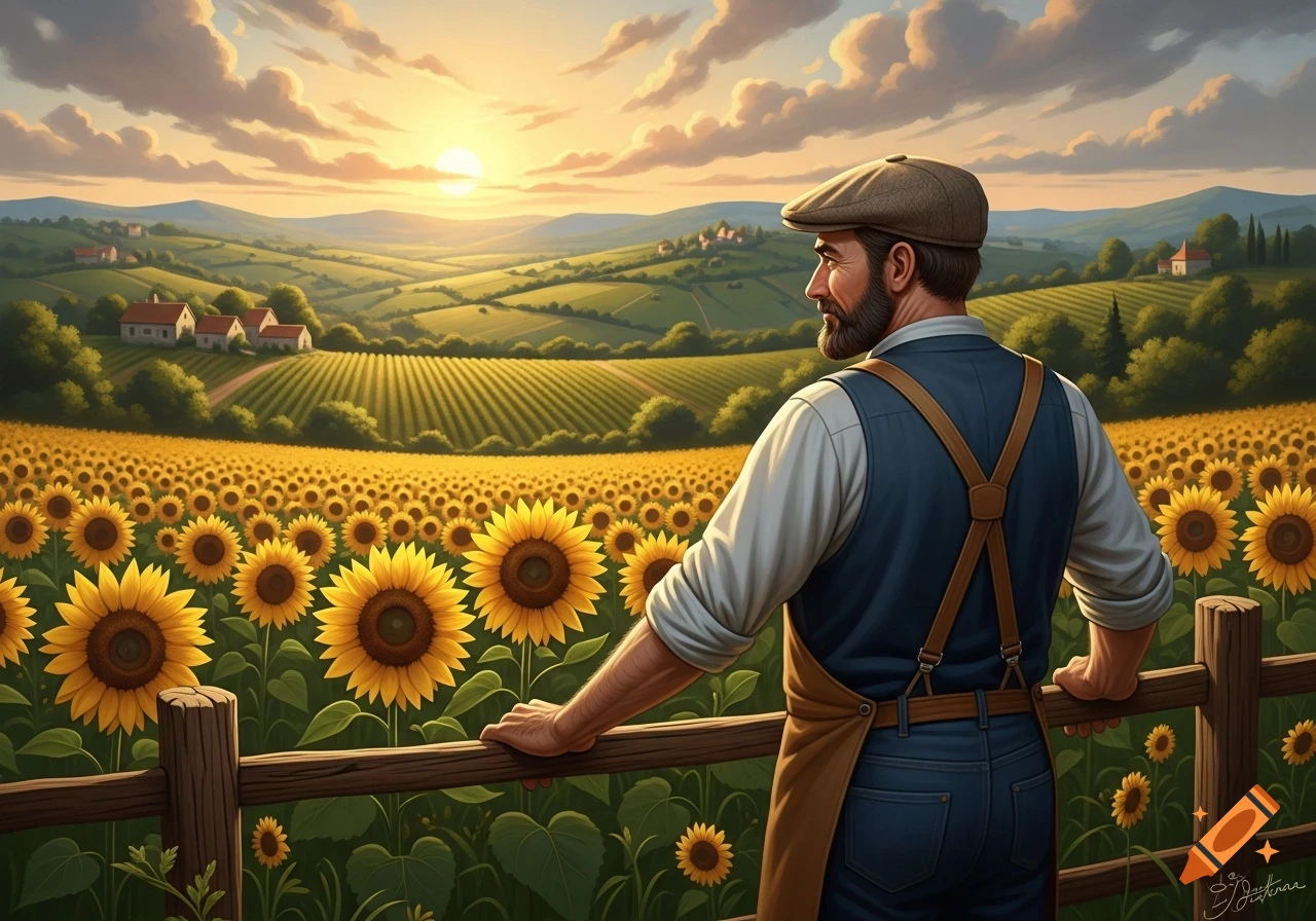 A man in a cap and suspenders leans on a fence, overlooking a vast field of sunflowers and rolling green hills at sunset.