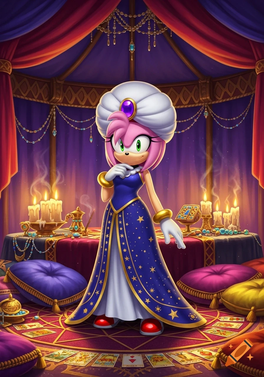 Amy Rose from Sonic the Hedgehog series, dressed as a fortune teller in a blue and gold gown and white turban, stands in a mystical tent with tarot cards and candles.