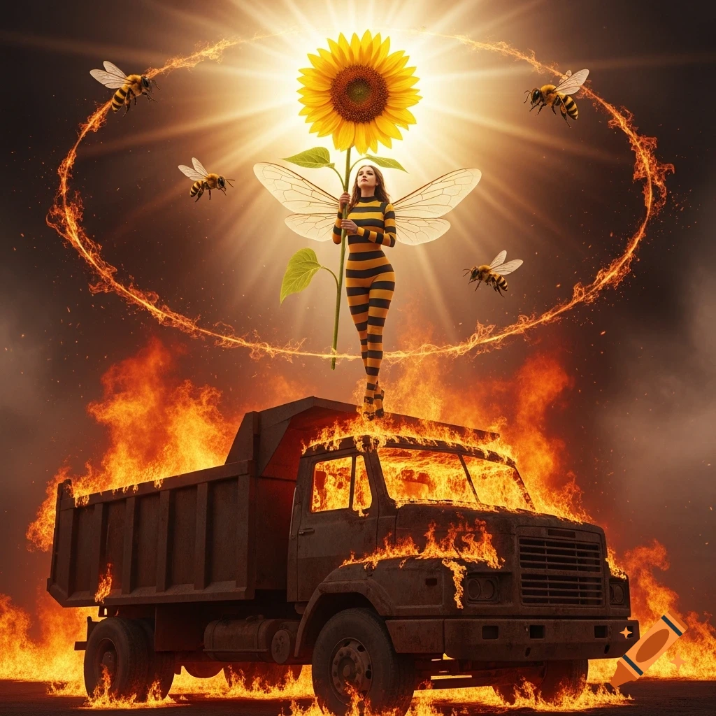 A woman in a bee costume with wings holds a giant sunflower while standing on a burning dump truck, surrounded by bees and fire trails.