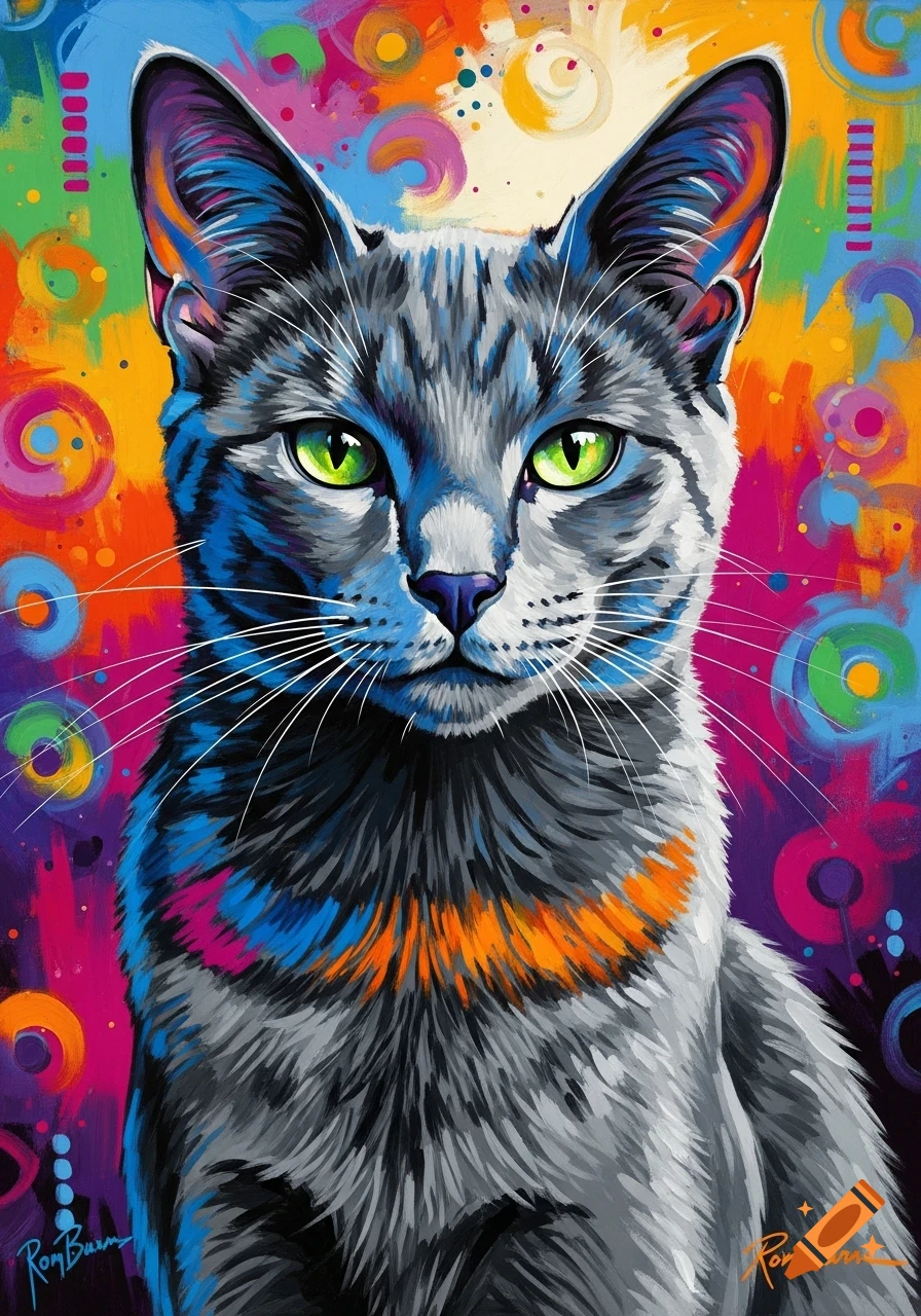 A vibrant, colorful painting of a grey cat with bright green eyes, set against a background of swirling, abstract colors.