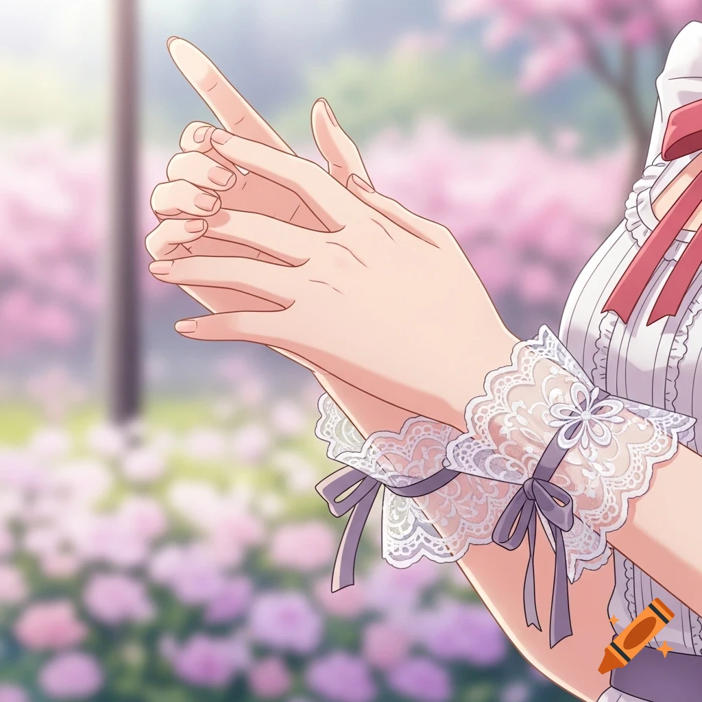 Close-up of anime hands with elaborate lace cuffs, against a blurry pink floral background.
