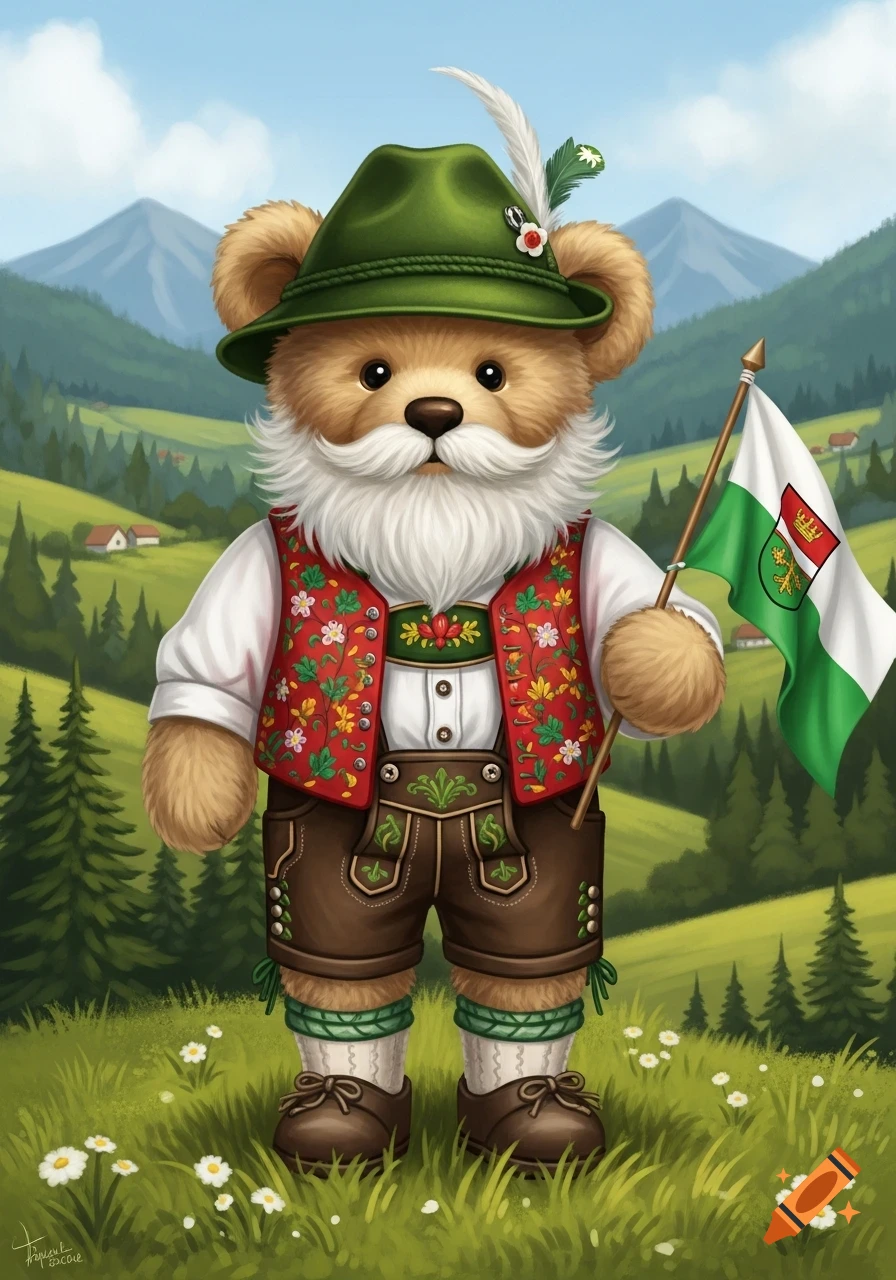 A charming teddy bear with a white beard, wearing a green hat and traditional embroidered red vest and brown lederhosen, holding a white and green flag, stands in a grassy mountain landscape.