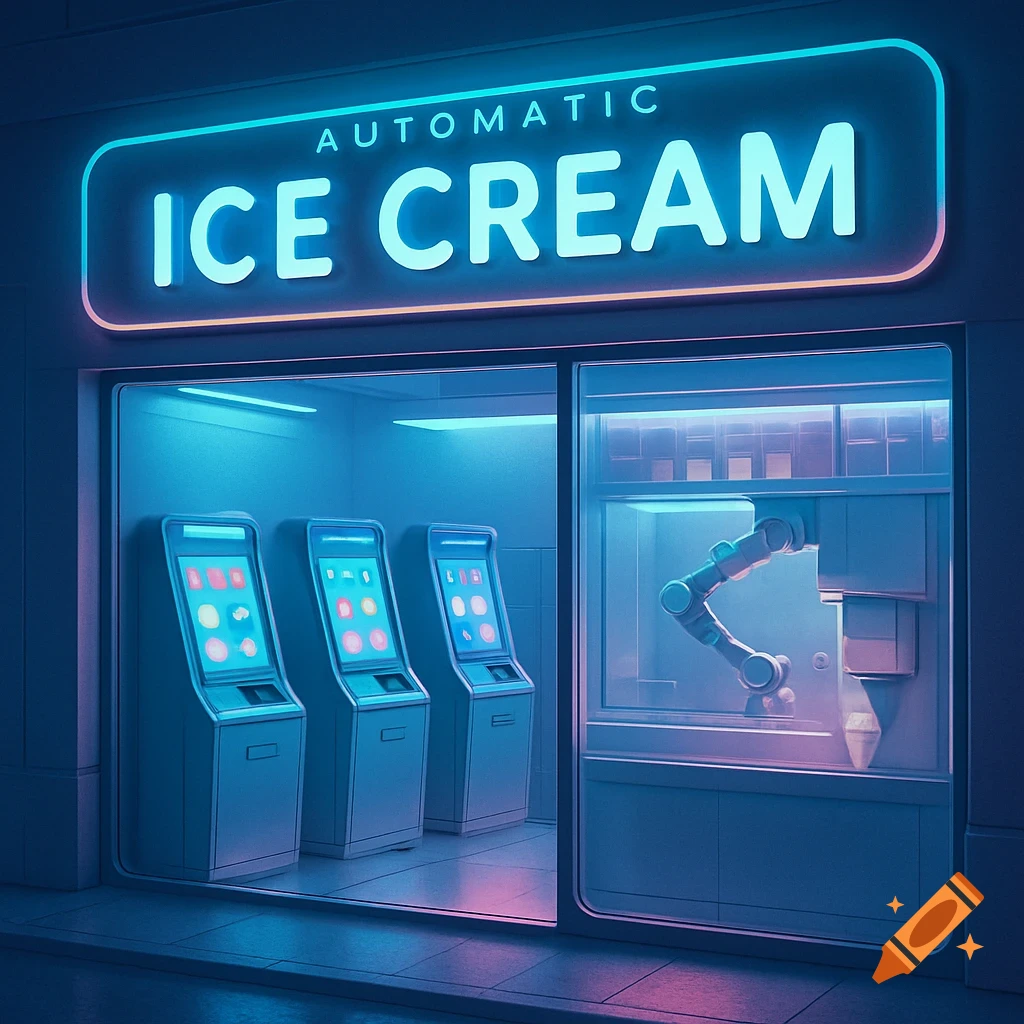 A futuristic automatic ice cream store with a bright neon sign, ordering kiosks, and a robotic arm, illuminated in blue and pink.