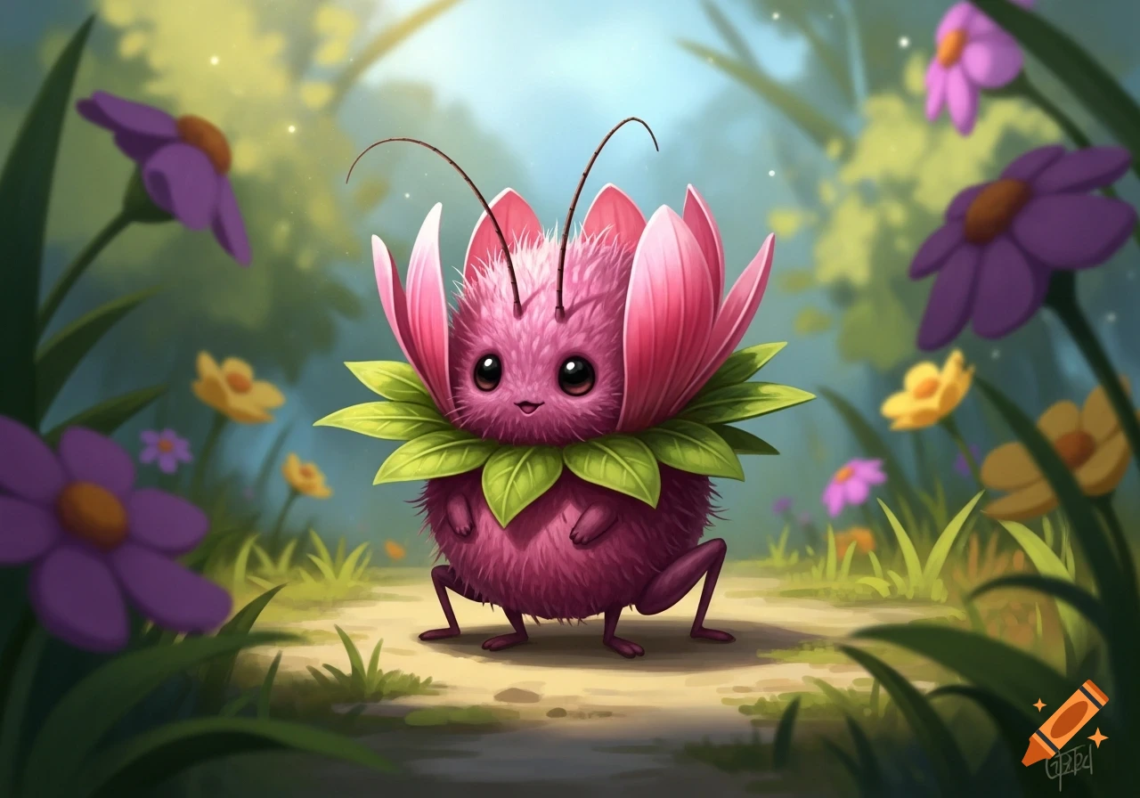 A cute, fluffy pink creature with large eyes and pink petals stands on ...