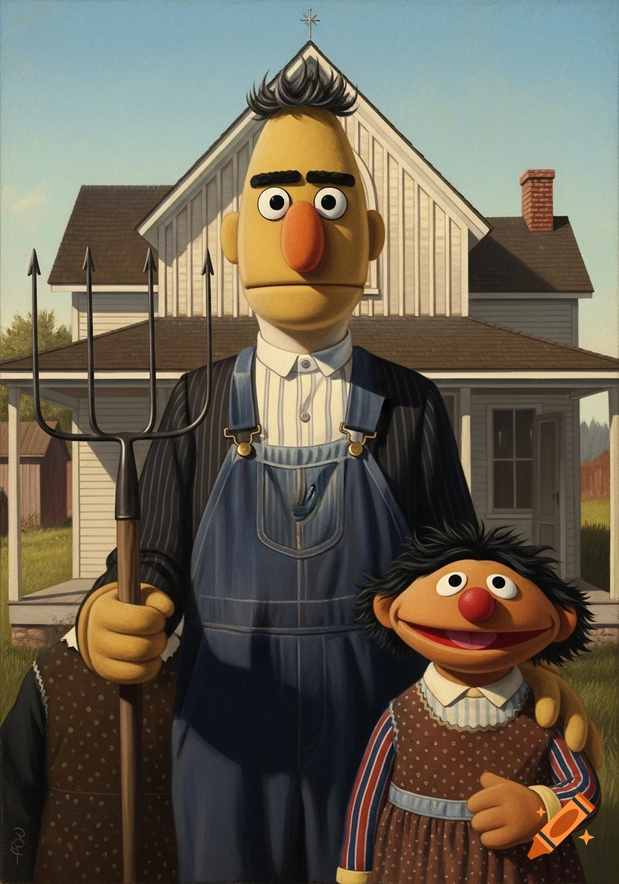 Bert and Ernie parody American Gothic, standing with a pitchfork in front of a farmhouse.
