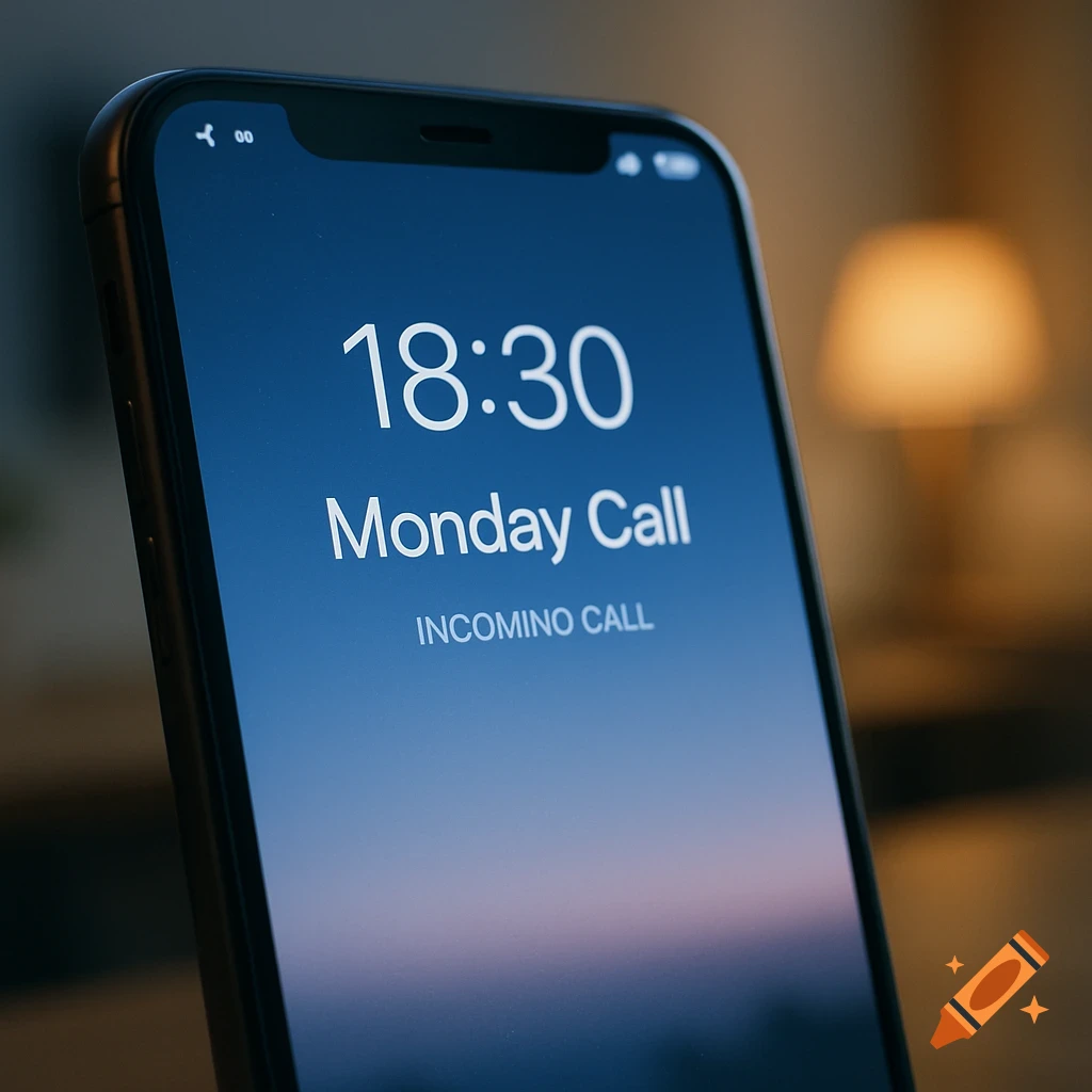 A close-up of a smartphone screen shows an incoming call from "Monday Call" at 18:30 with "INCOMINO CALL" below.