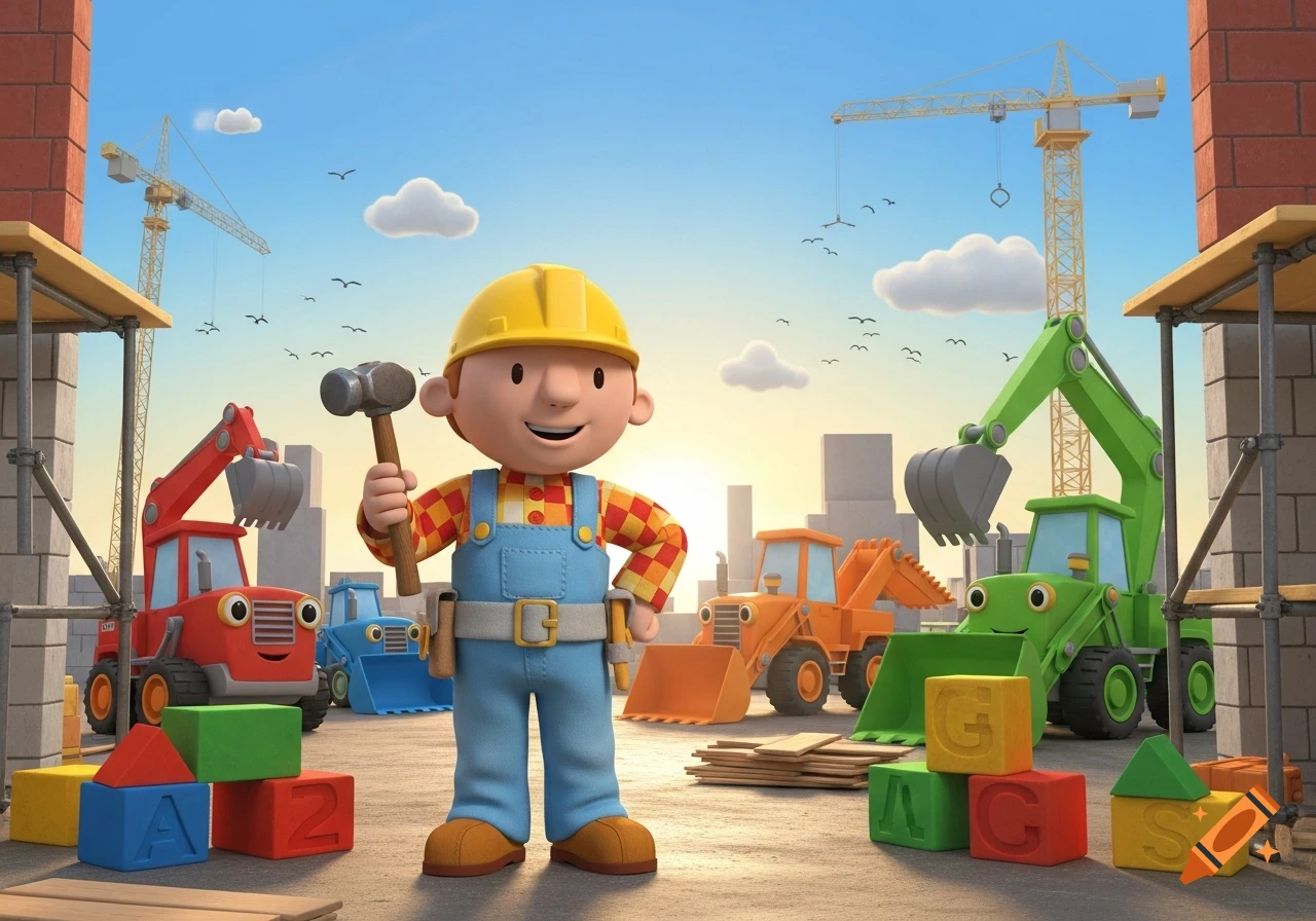 Bob the Builder stands at a cartoon construction site with colorful vehicles and alphabet blocks.