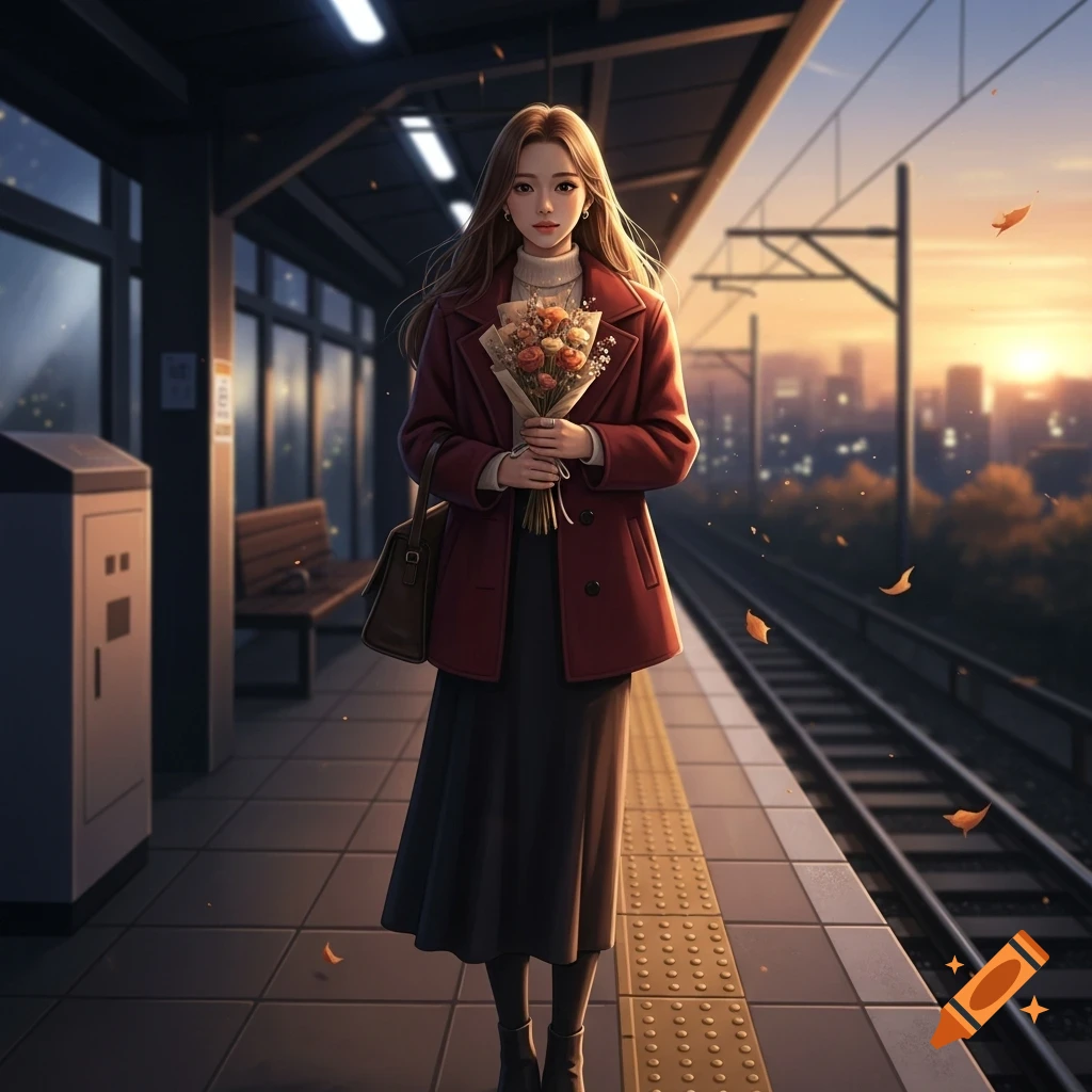 A stylized illustration of a woman in a red coat holding flowers on a train platform at sunset, with city buildings in the background.