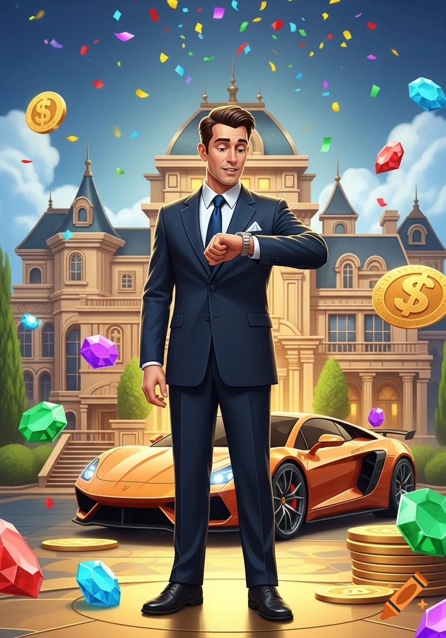 A cartoon man in a suit checks his watch in front of a grand mansion and orange sports car, with money and gems falling around him.