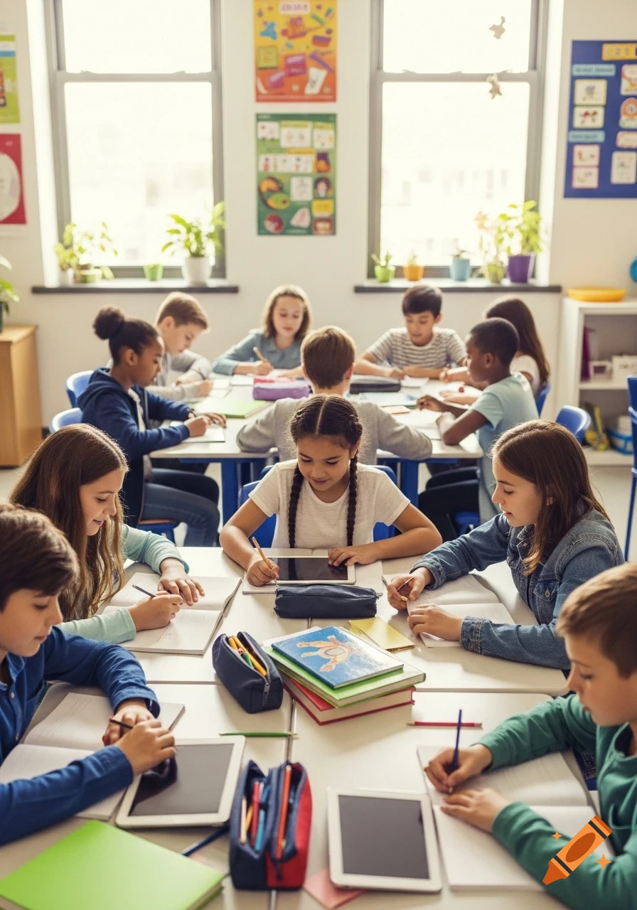 Multicultural middle school students are busy writing and working with tablets in a bright classroom.