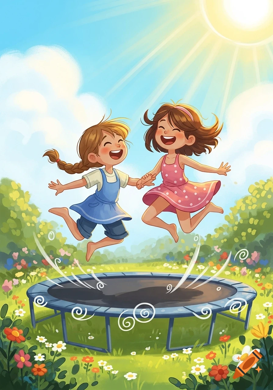 Two smiling cartoon girls jump joyfully on a trampoline in a sunny, flower-filled garden.
