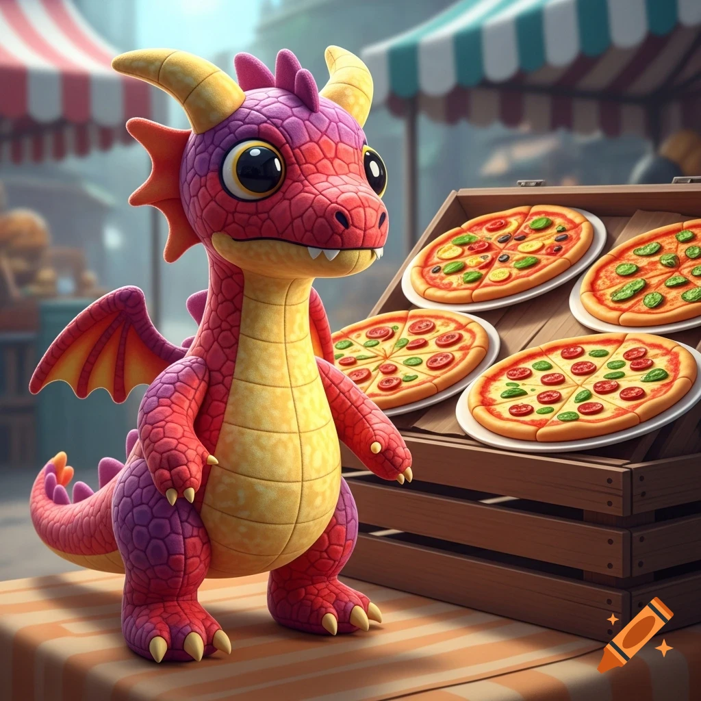 A cute red and yellow plushie dragon with large eyes stands next to a wooden crate filled with pizzas at a vibrant market.