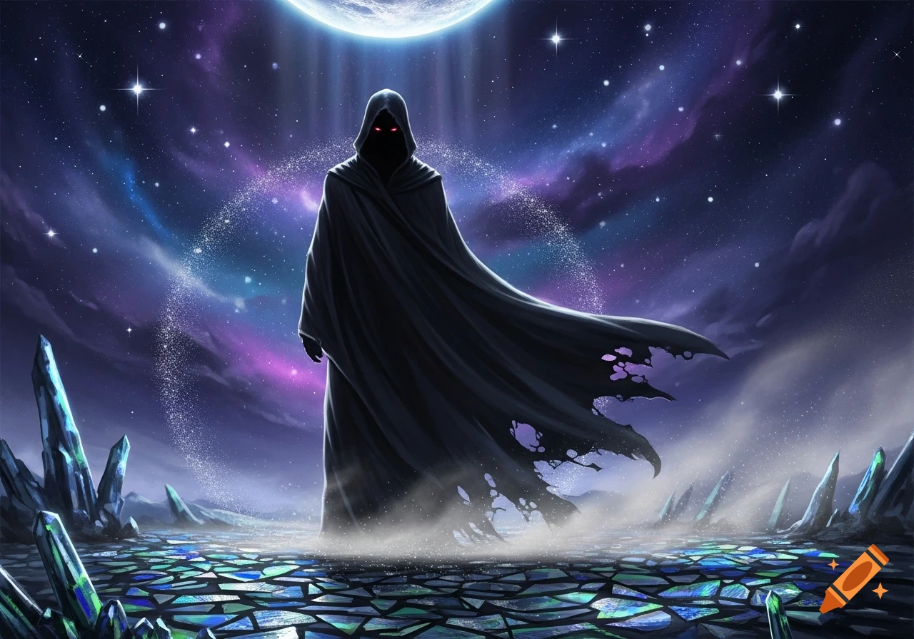 A shadowy cloaked figure with glowing red eyes stands on fractured ground amidst blue crystals under a large moon and cosmic starry sky.