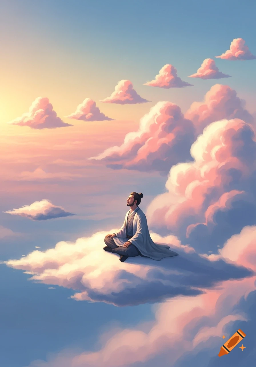A man meditates in a cross-legged position on a large, fluffy cloud, looking up at a pastel sky filled with smaller pink and orange clouds.