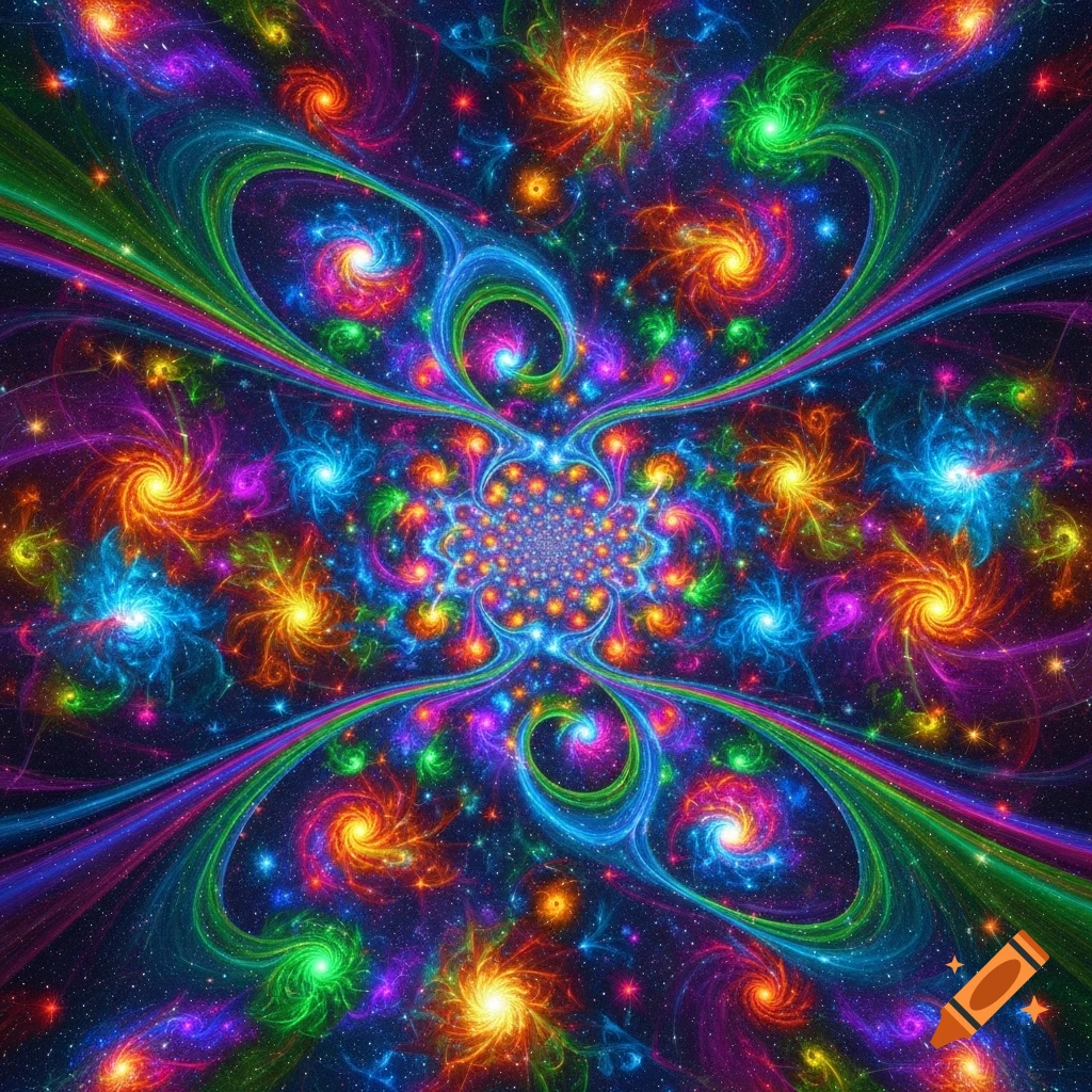 A vibrant, colorful fractal pattern with swirling lights and star-like elements, creating a cosmic psychedelic backdrop.