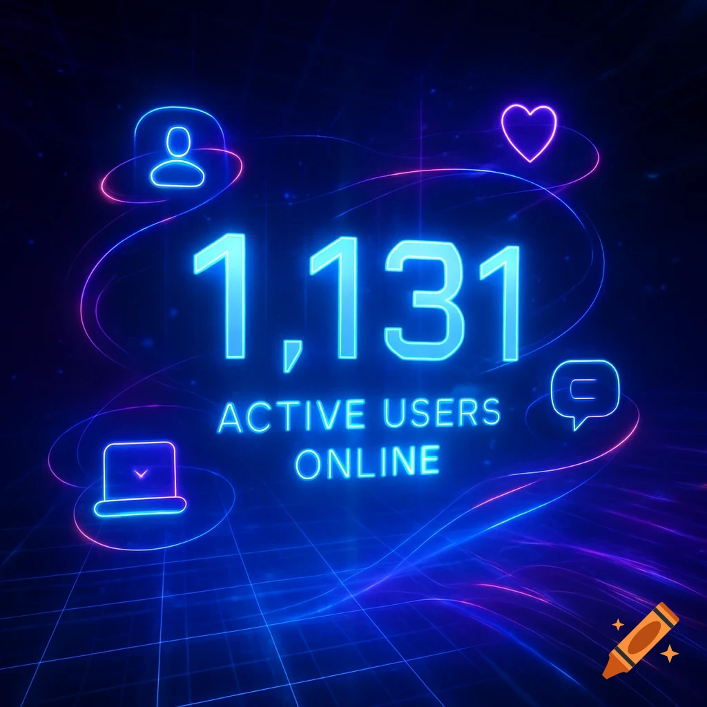 Neon blue and pink glow art showing '1,131 ACTIVE USERS ONLINE' with user, heart, laptop, and chat icons on a grid background.
