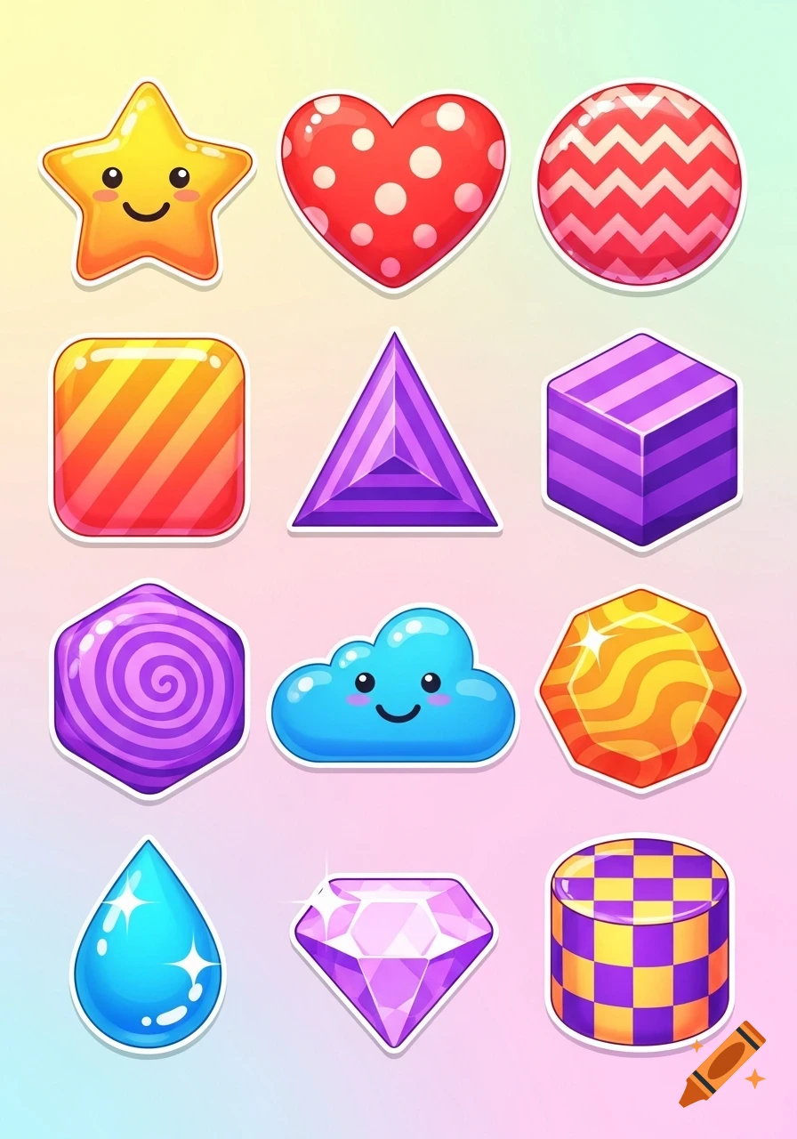 A grid of colorful cartoon shapes and game tiles, including a star, heart, cloud, and geometric forms with patterns.
