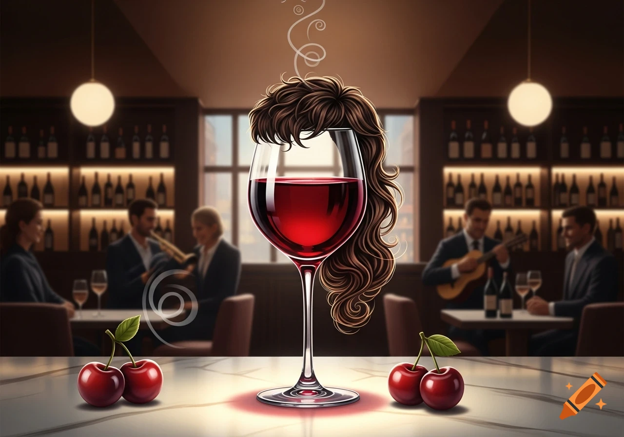 A wine glass with a brown mullet hairstyle stands on a bar counter with cherries, against a blurred background of a dimly lit bar.