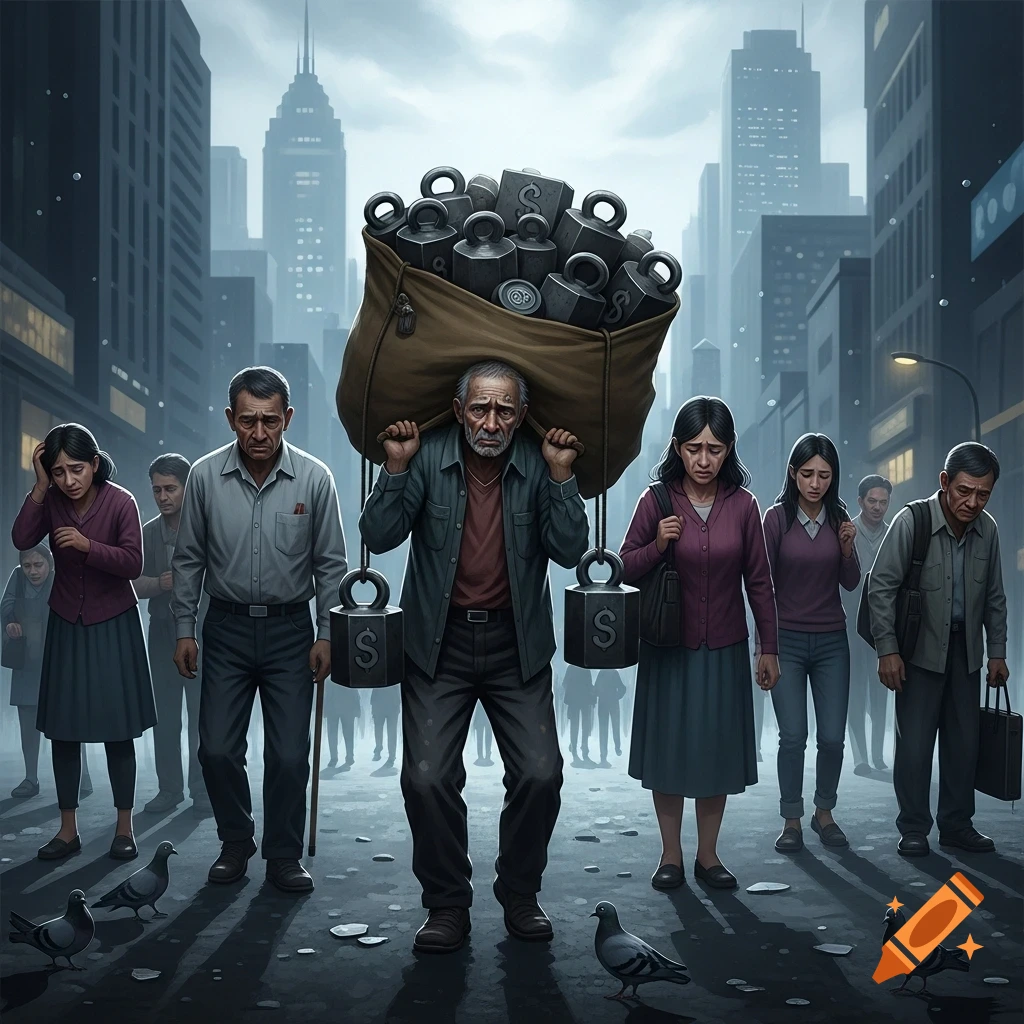 An older man strains under a heavy bag of weights with dollar signs, walking through a rainy city street with other somber individuals.