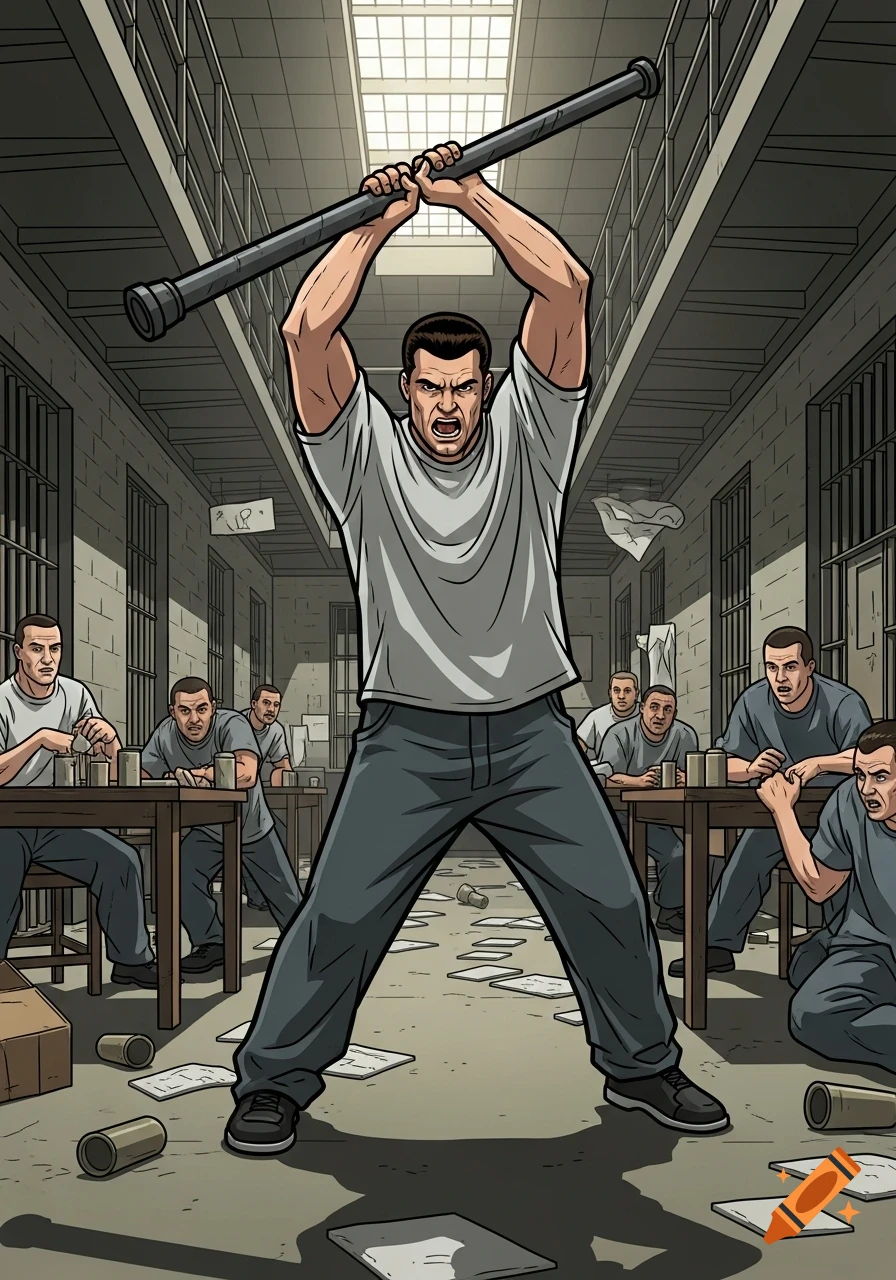 An enraged inmate in Archer TV show style swings a metal pipe overhead in a chaotic prison corridor, with other inmates looking on.