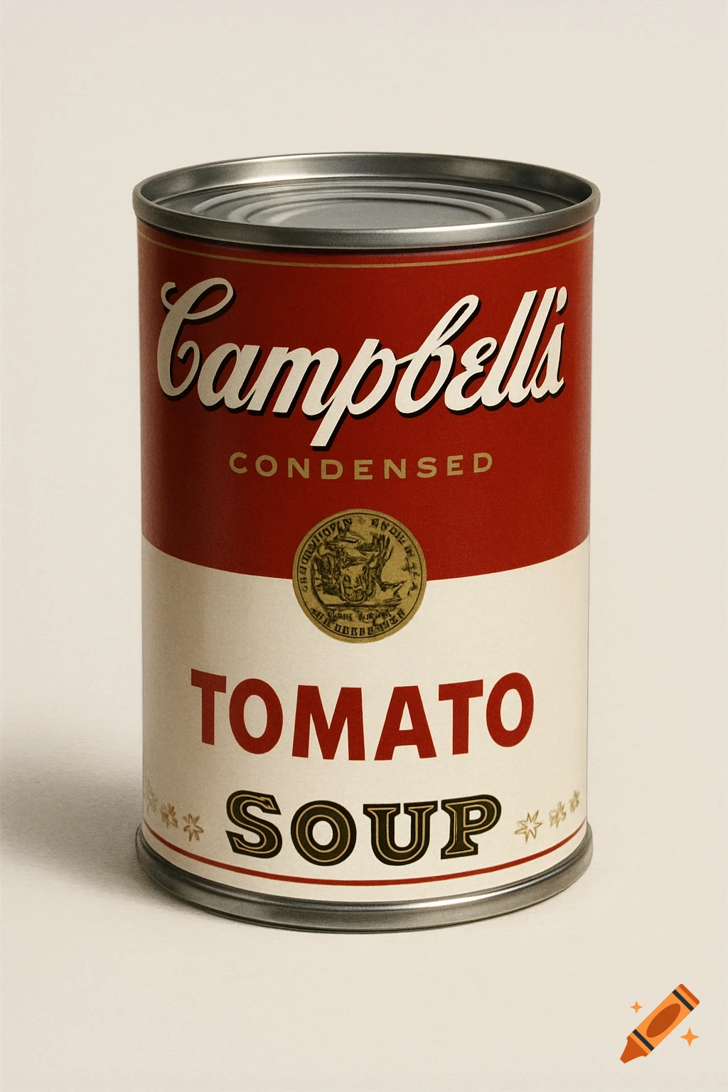 A close-up, front view of a classic red and white Campbell's Condensed Tomato Soup can on a plain background.