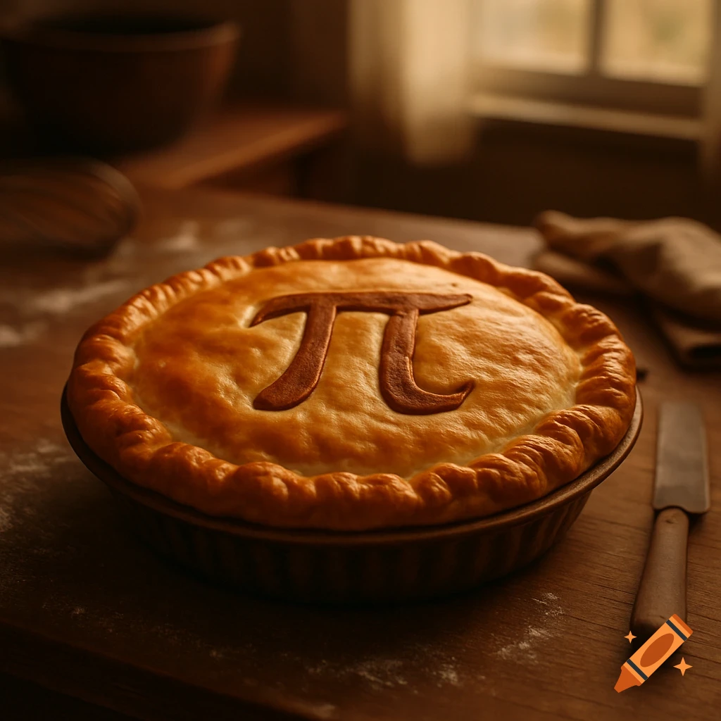A golden-brown pie with a baked-in Pi symbol sits on a wooden table, with a knife and window in the background.